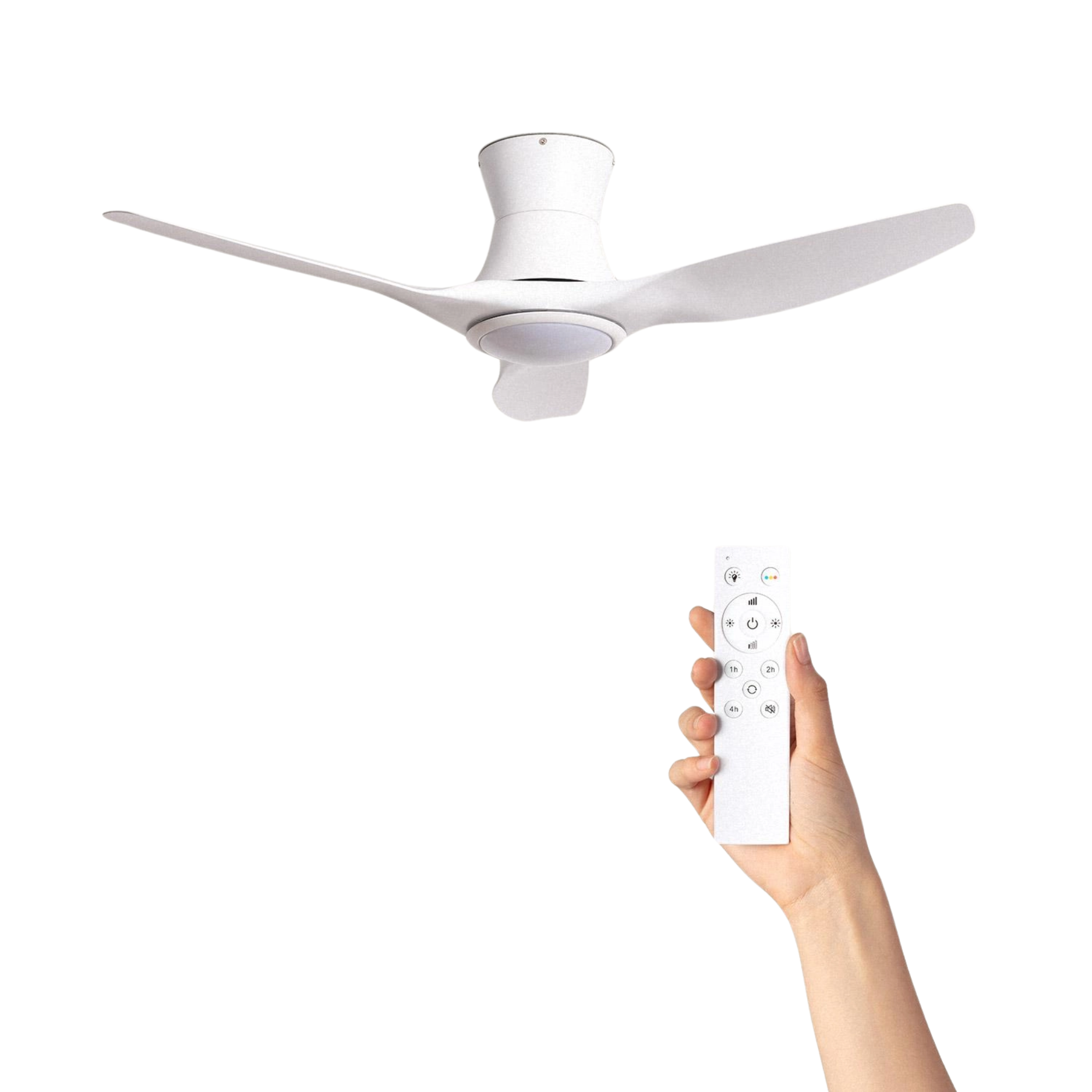 Un ventilatore da soffitto bianco e una mano che tiene un telecomando su sfondo bianco.