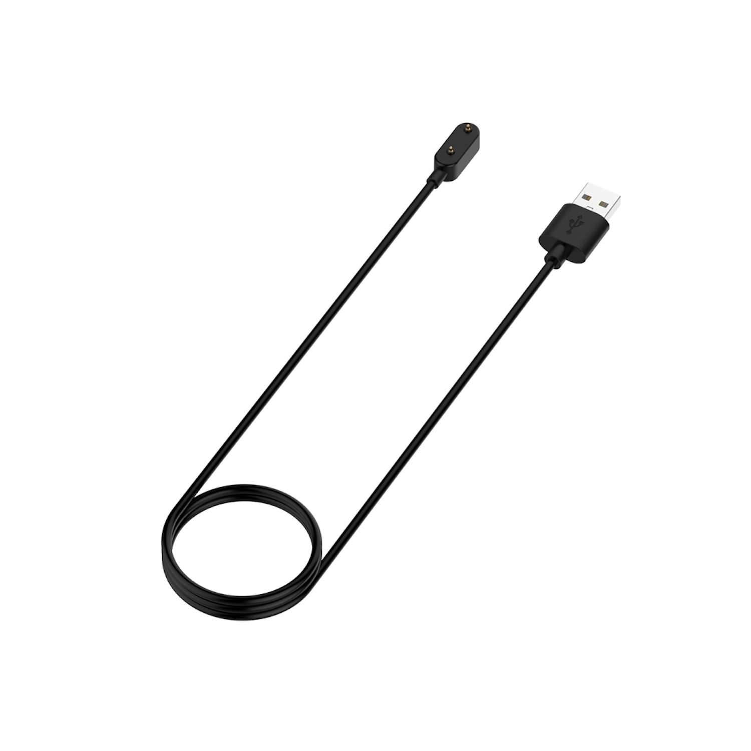 Schwarzes Ladekabel mit USB- und Magnetanschluss auf weißem Hintergrund.