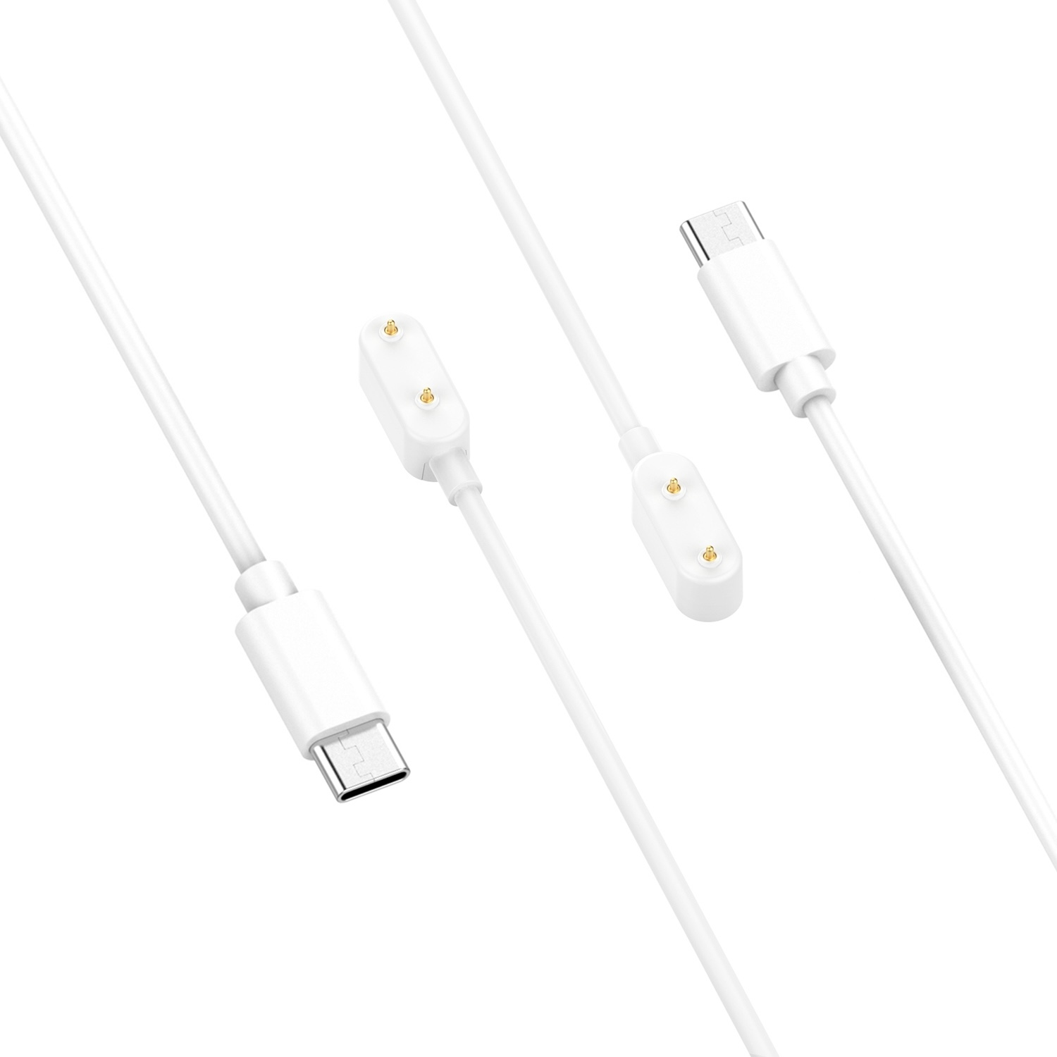 Zwei weiße Ladekabel mit USB-Anschlüssen an den Enden und magnetischen Ladeanschlüssen in der Mitte.