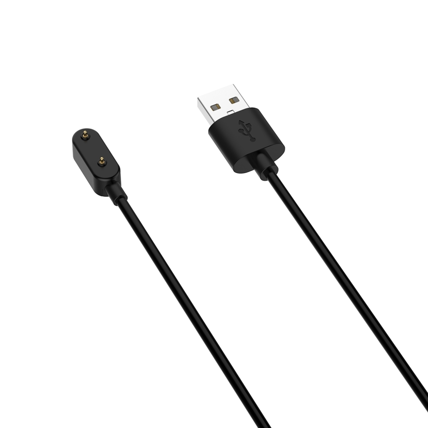 Schwarzes magnetisches Ladekabel mit USB-Anschluss. Das Kabel ist aufgerollt.