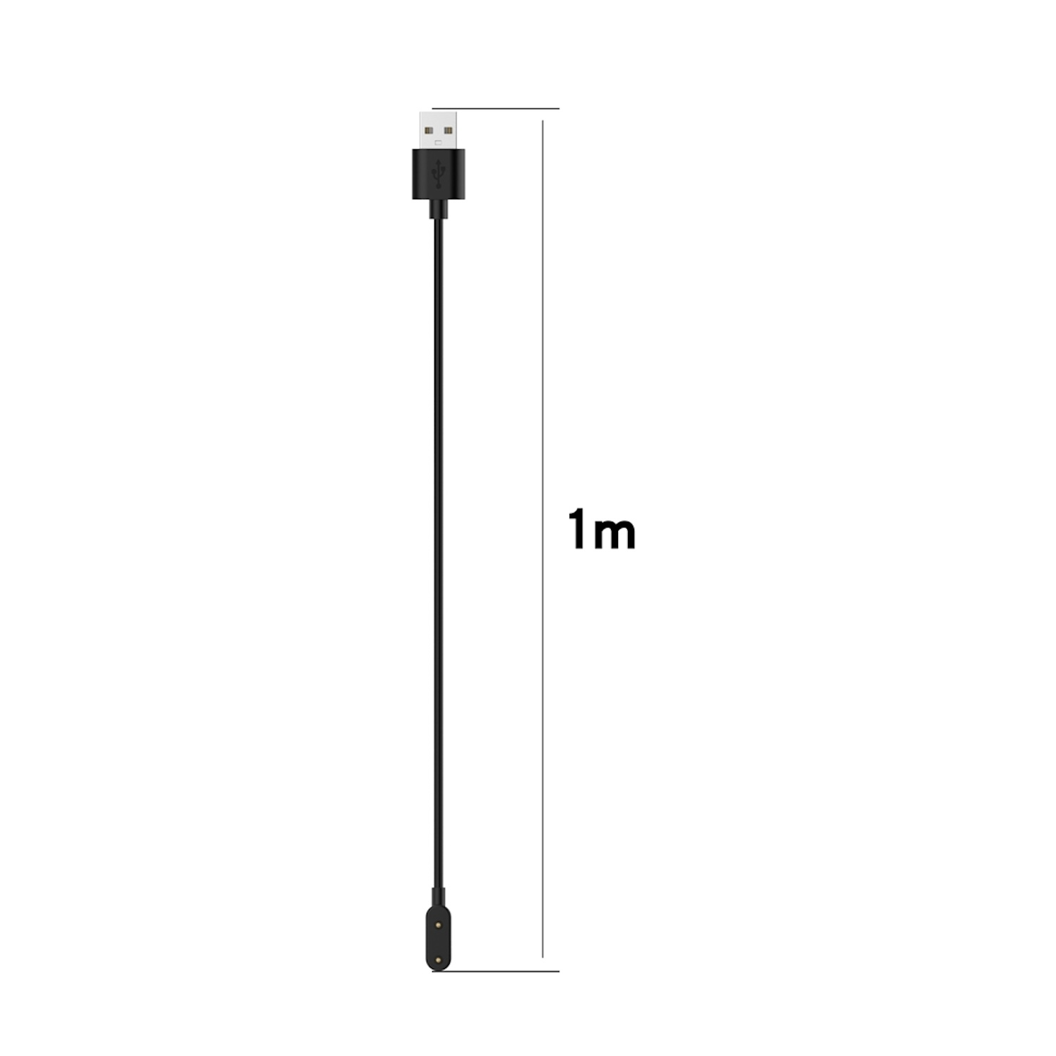 Ein schwarzes USB-Ladekabel mit einer Länge von einem Meter, mit USB-A- und proprietären Magnetanschlüssen.