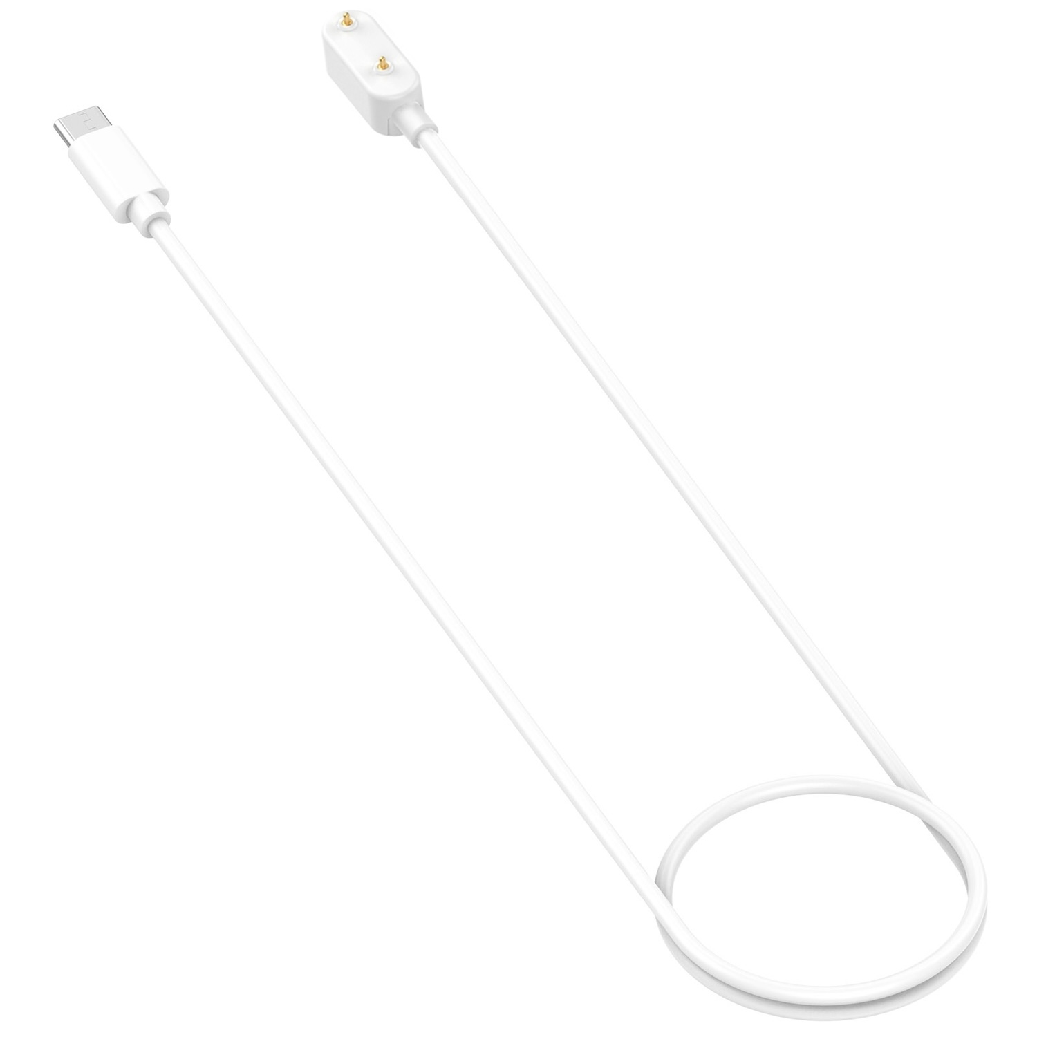 Weißes Ladekabel mit zwei kleinen Ladeköpfen, weißer Hintergrund.