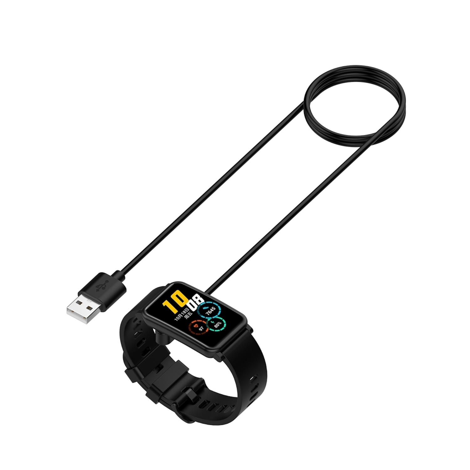 Eine schwarze Smartwatch ist mit einem USB-Ladekabel verbunden und zeigt das Datum „19. Oktober“ und die Uhrzeit „11:08“ an.