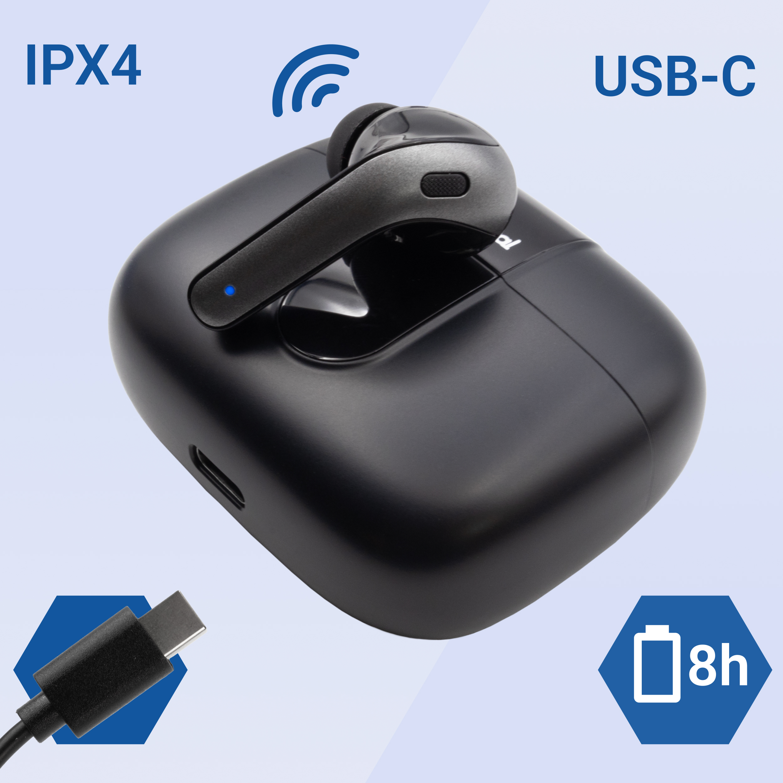 Un auricolare nero e custodia di ricarica con porta USB-C e indicatore di durata della batteria di 8 ore.