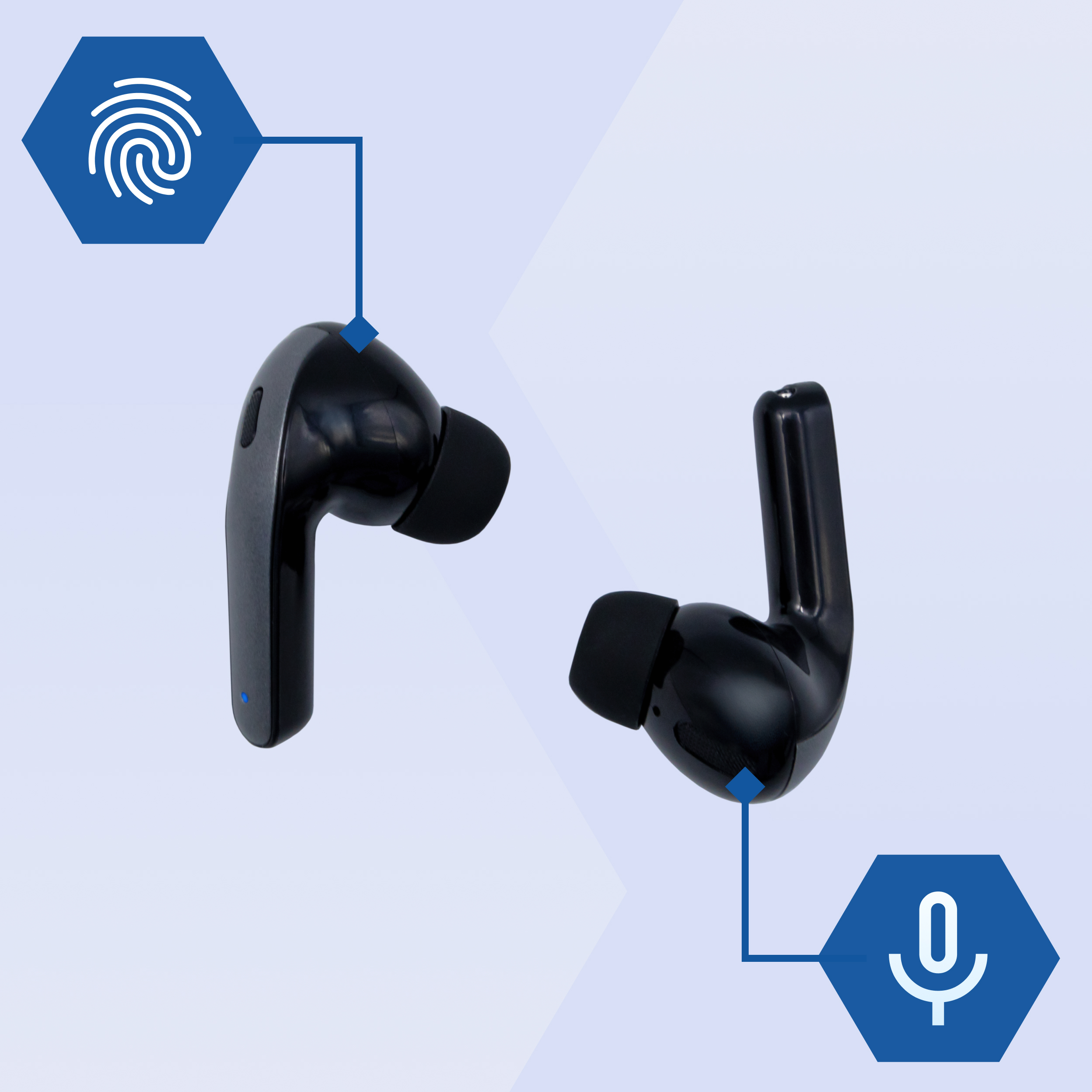 Auricolari wireless neri. Uno con icona impronta digitale, l'altro con microfono.