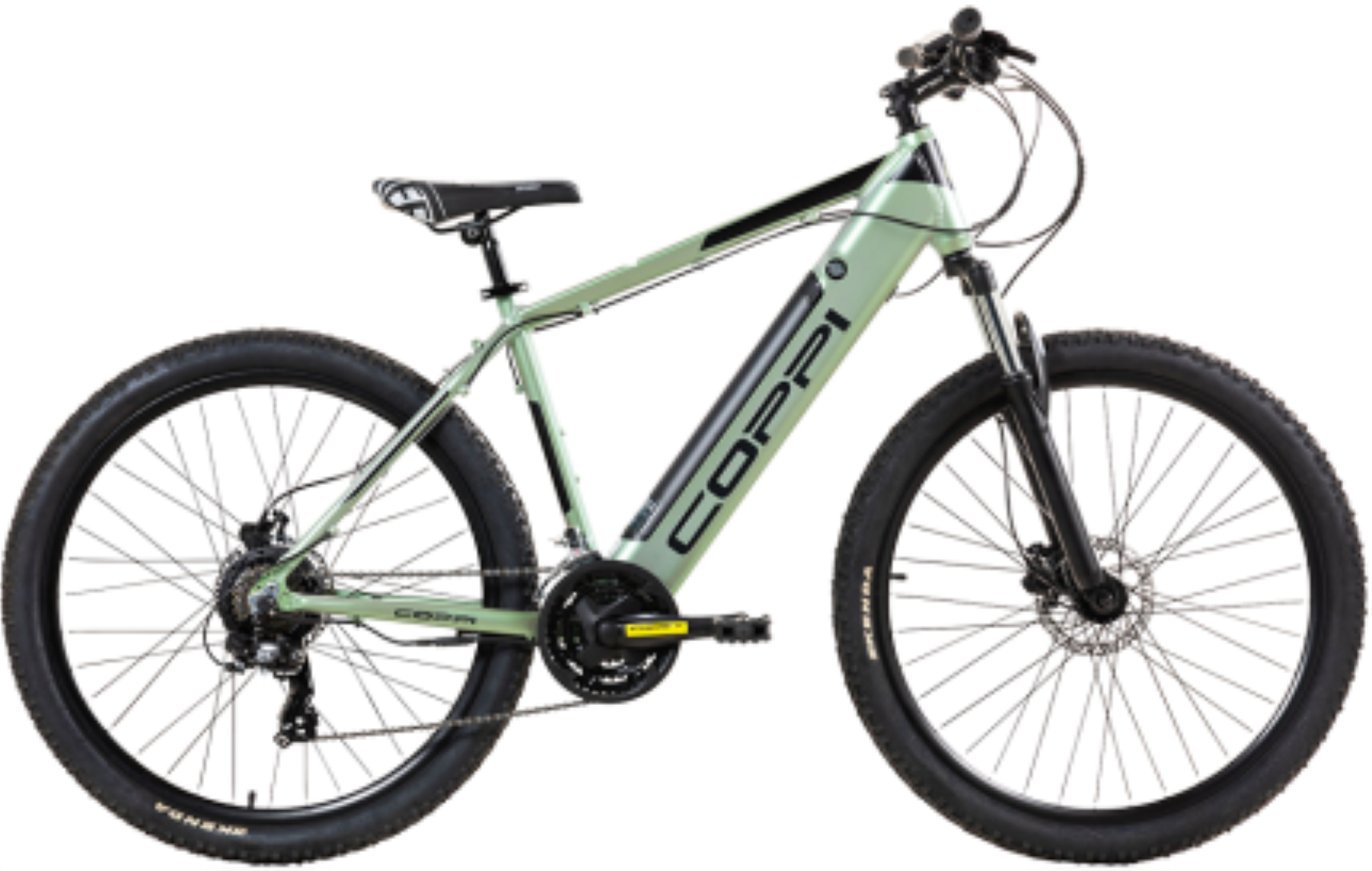 Bicicletta elettrica verde e nera con marchio 'COPPI', su sfondo bianco.