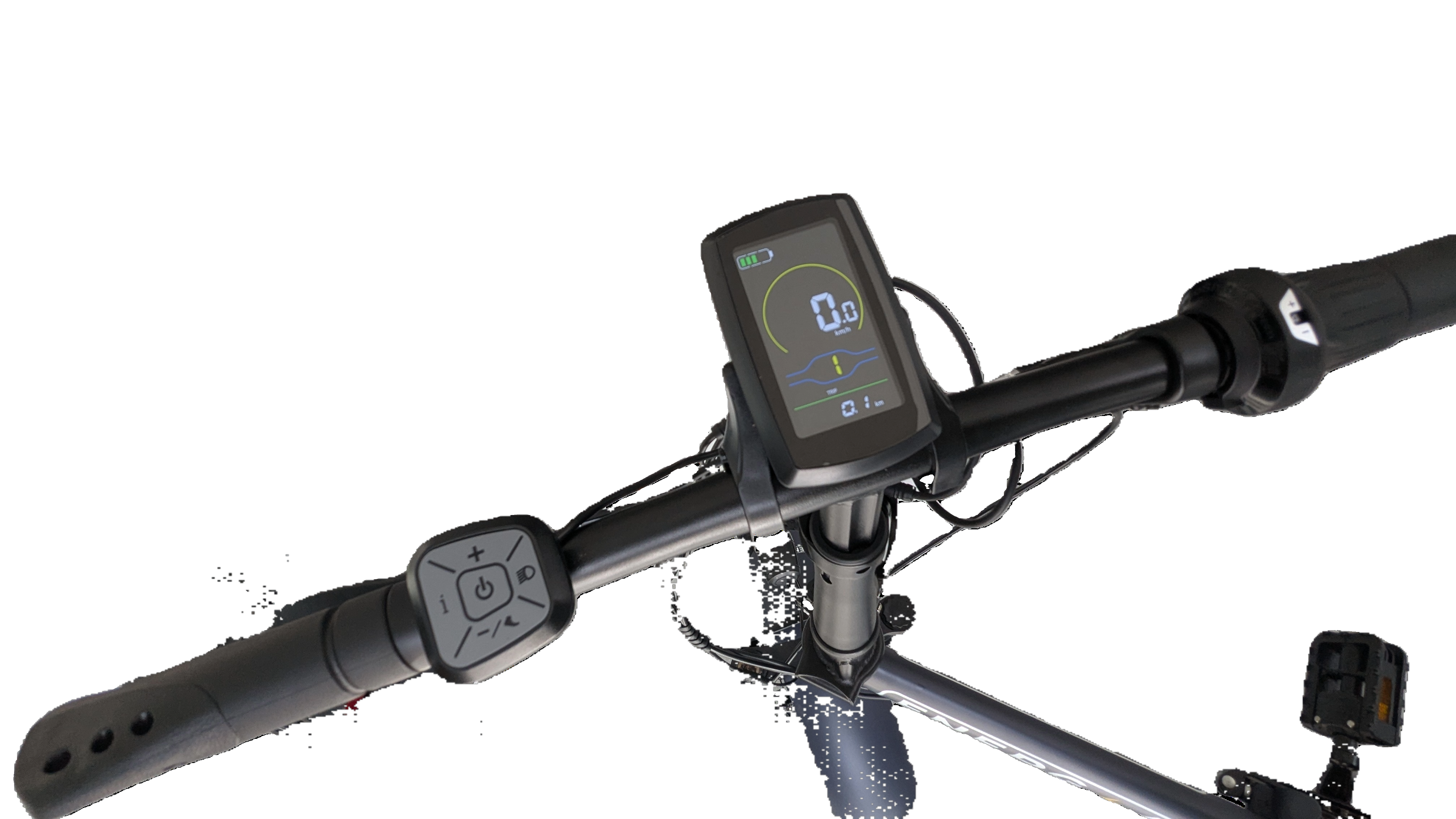 Primo piano sul manubrio di una e-bike con display, comandi e luce. Colore nero.