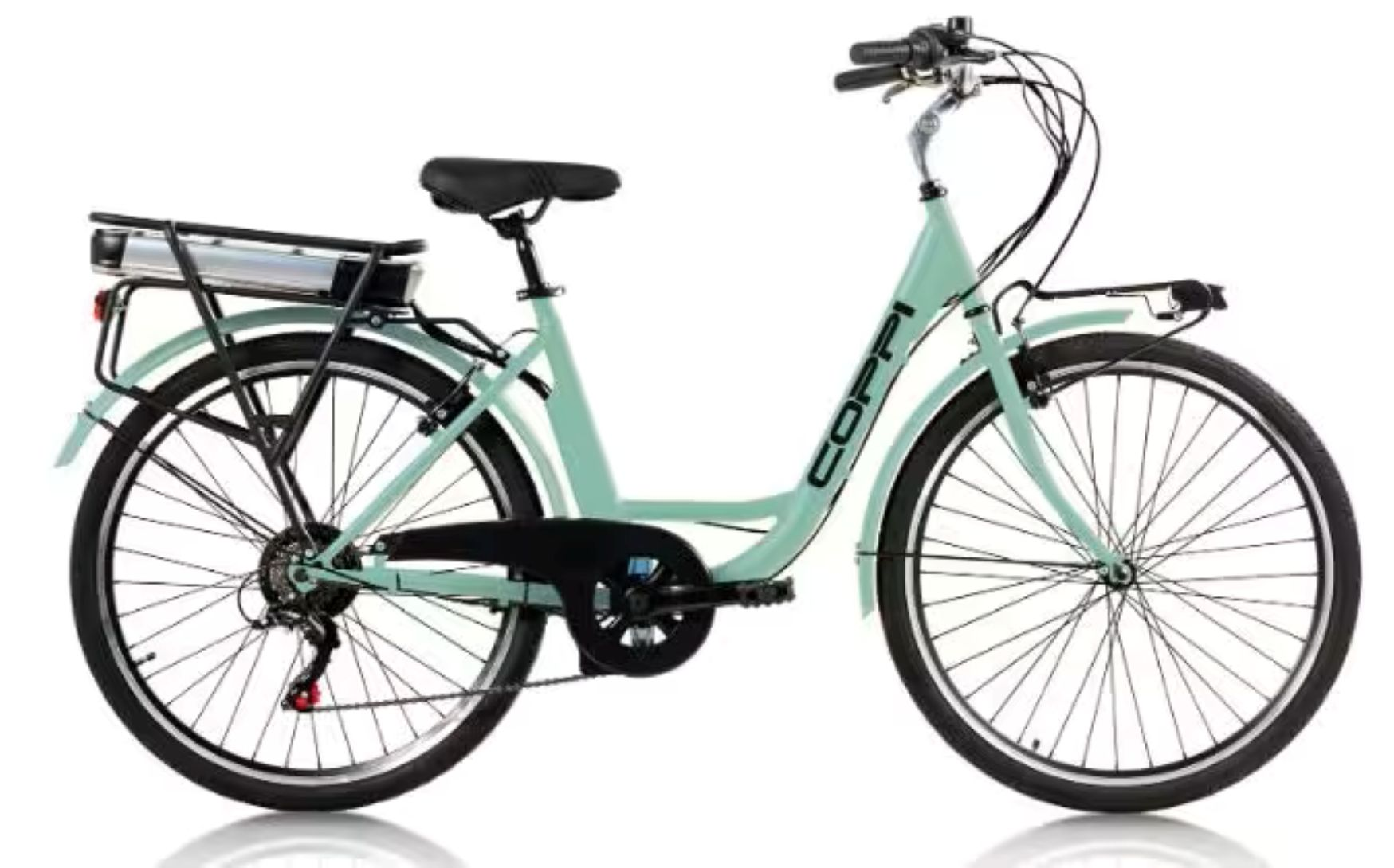 Bicicletta elettrica da città verde chiaro su sfondo bianco. Il marchio è COPPY.