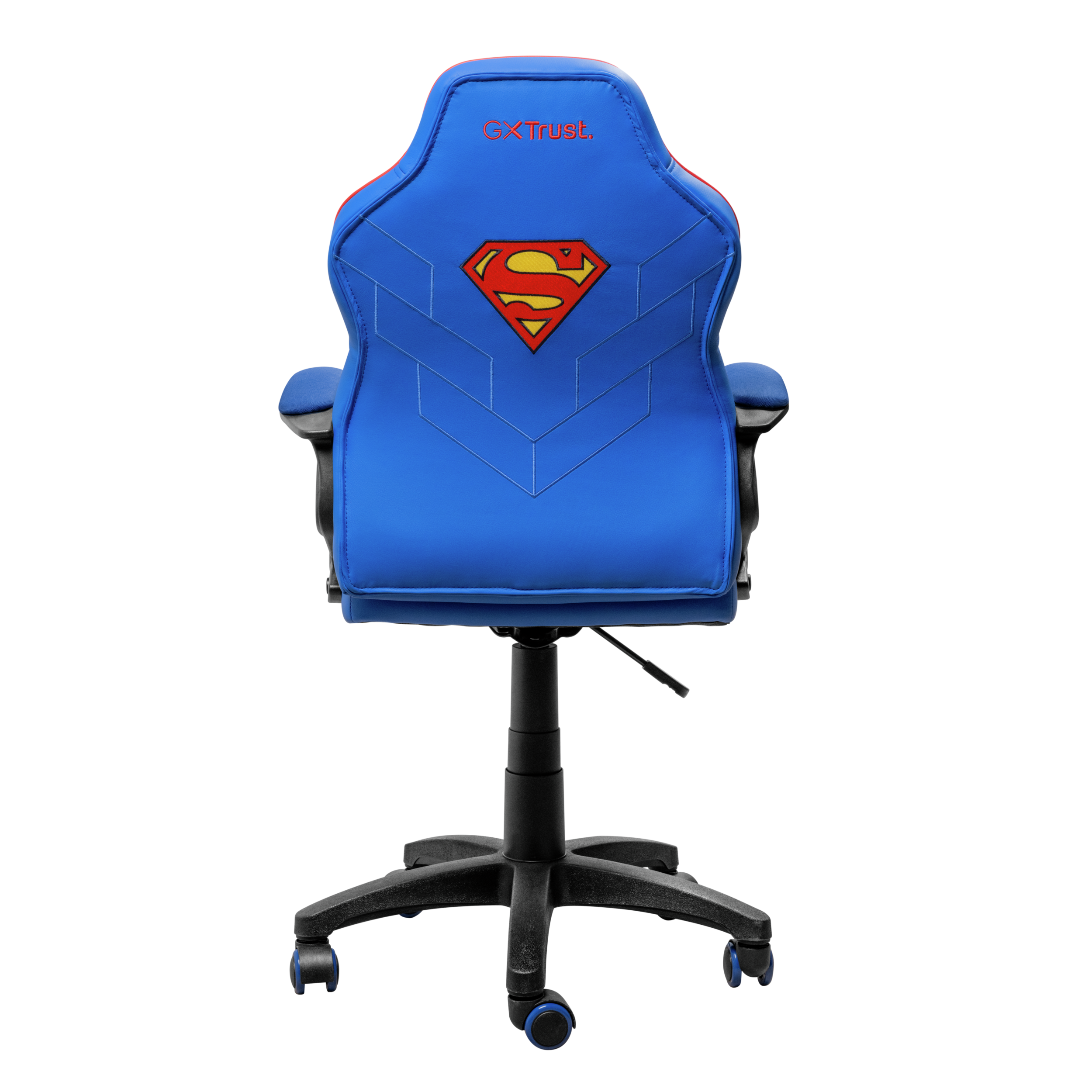 Widok z tyłu niebieskiego krzesła dla dzieci Superman. Ma logo Supermana i czerwone akcenty.