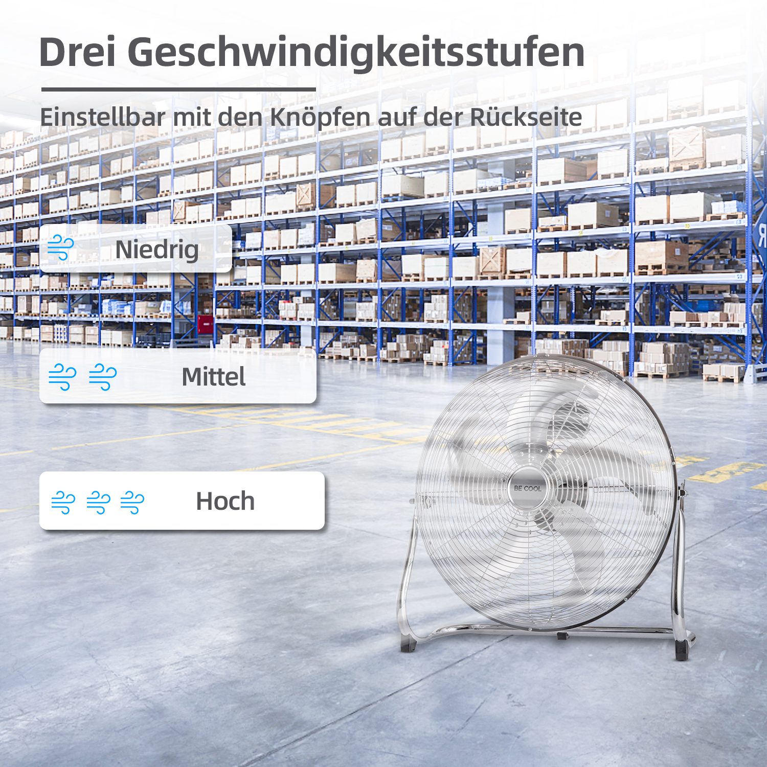 Silberner Ventilator mit drei Geschwindigkeiten in einer Lagerhausumgebung. Zeigt niedrige, mittlere und hohe Geschwindigkeit.