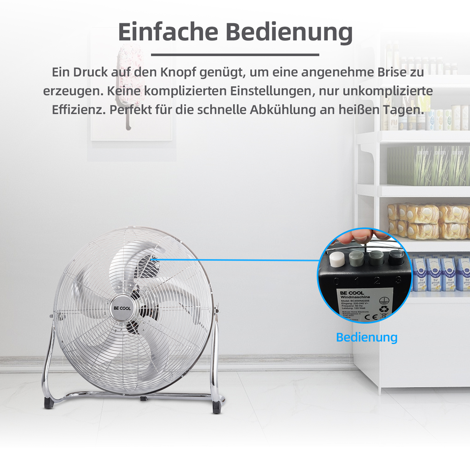 Silberner Ventilator mit Nahaufnahme der Bedienelemente. Der Ventilator steht vor einem weißen Regal mit Produkten.