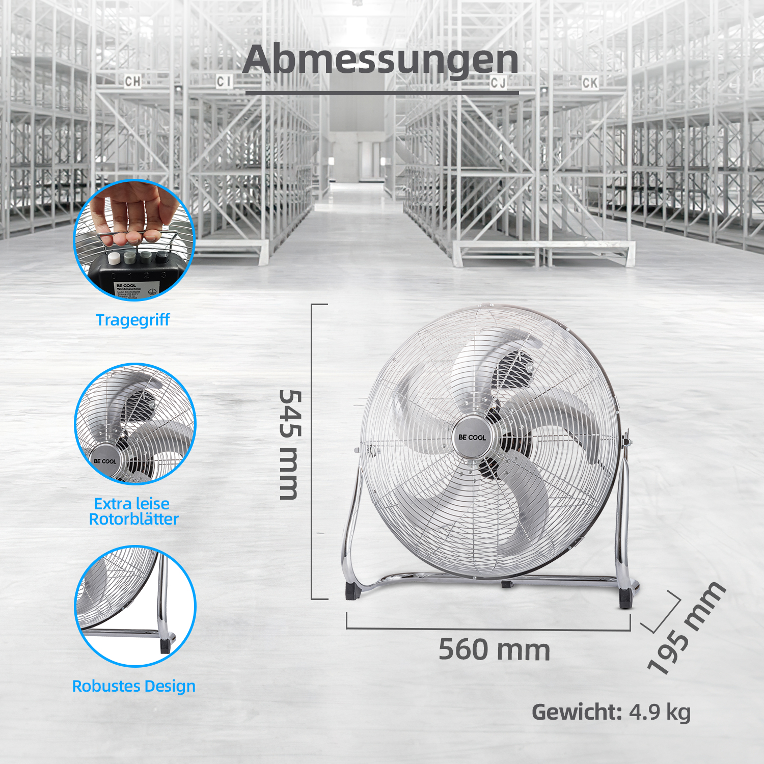 Silberner Ventilator mit Abmessungen und Gewichten auf weißem Hintergrund mit Regalen im Hintergrund.