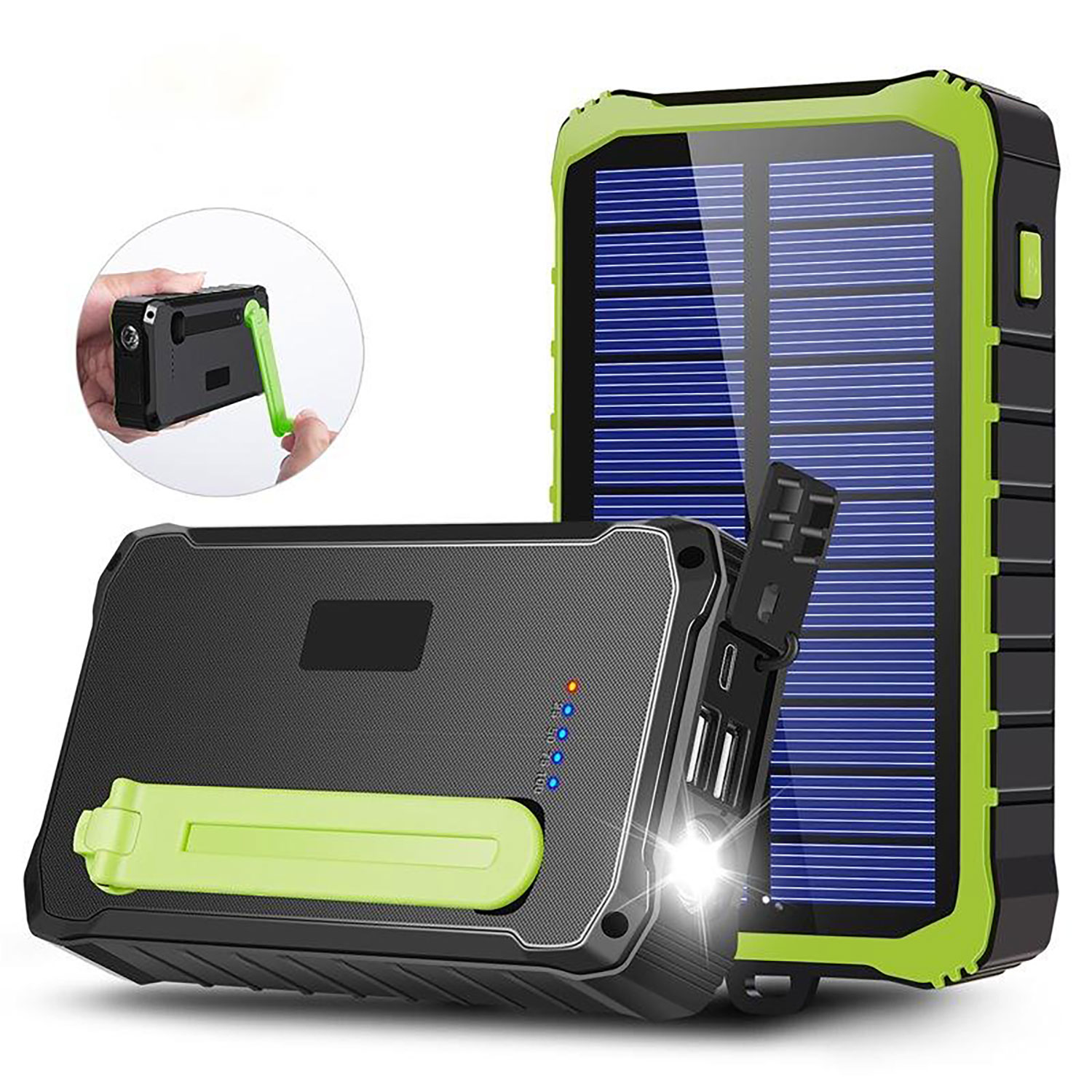Une banque d'alimentation solaire noire et verte avec un panneau solaire et des ports USB. La banque d'alimentation a une béquille.