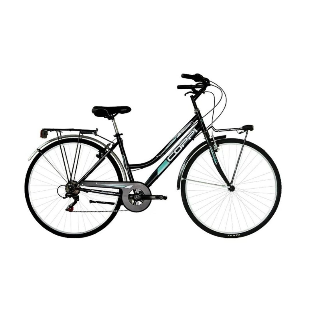 Bicicletta nera su sfondo bianco. Bicicletta rivolta verso sinistra.