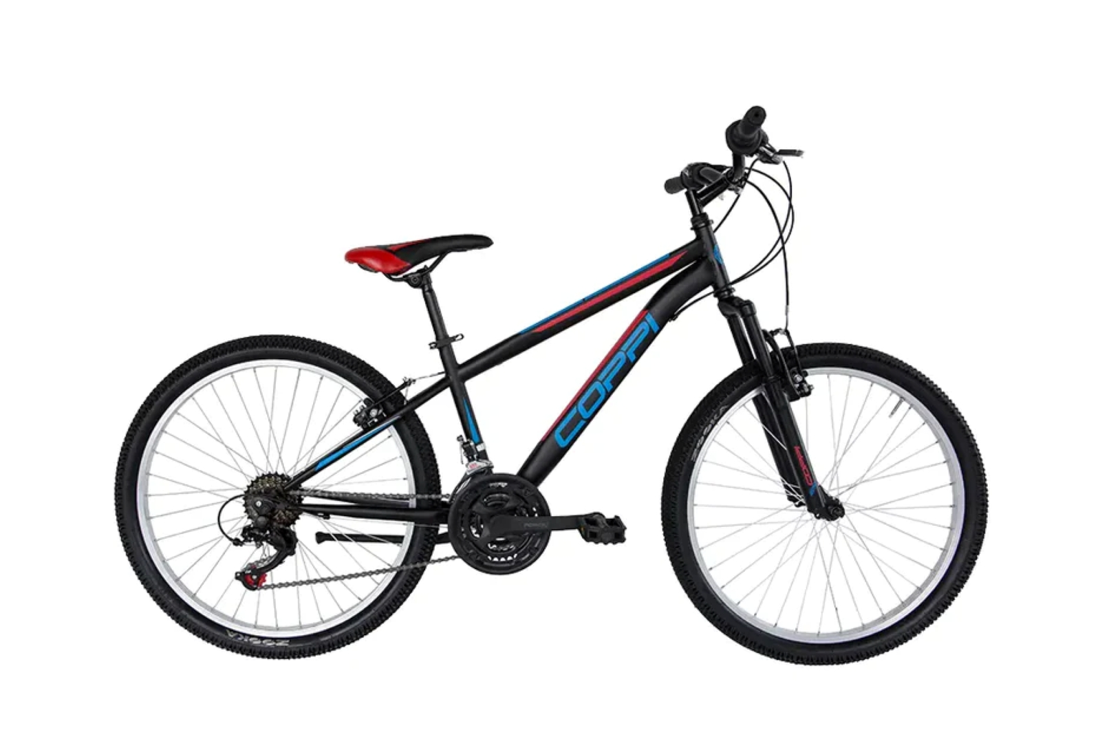 Mountain bike nero con dettagli rossi e blu. Ha pneumatici neri e telaio nero.