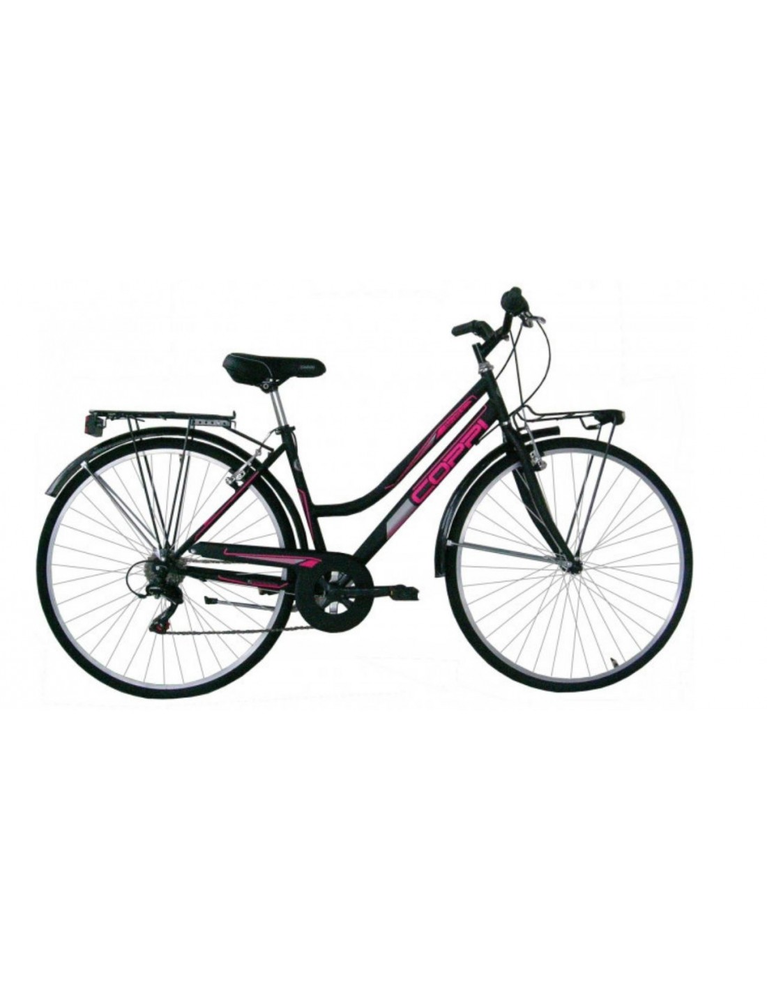 Bicicletta nera con un accento rosa. Ha un portapacchi e un telaio nero.