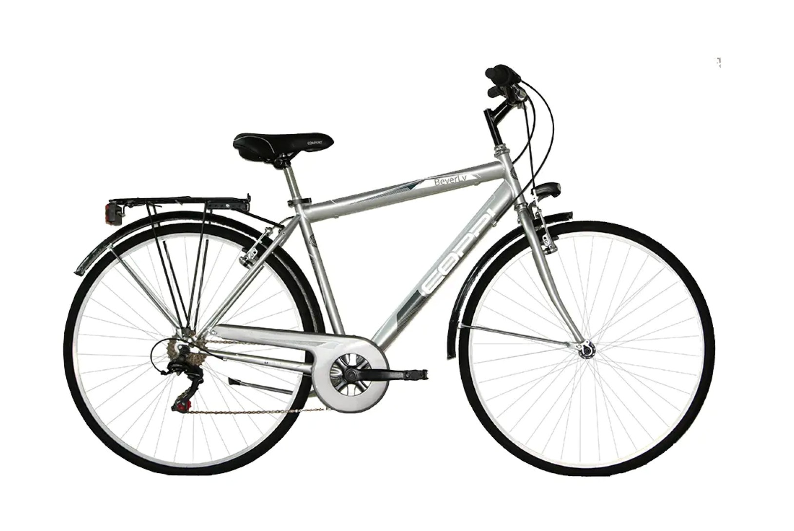 Bicicletta argentata con sella nera, su sfondo bianco.