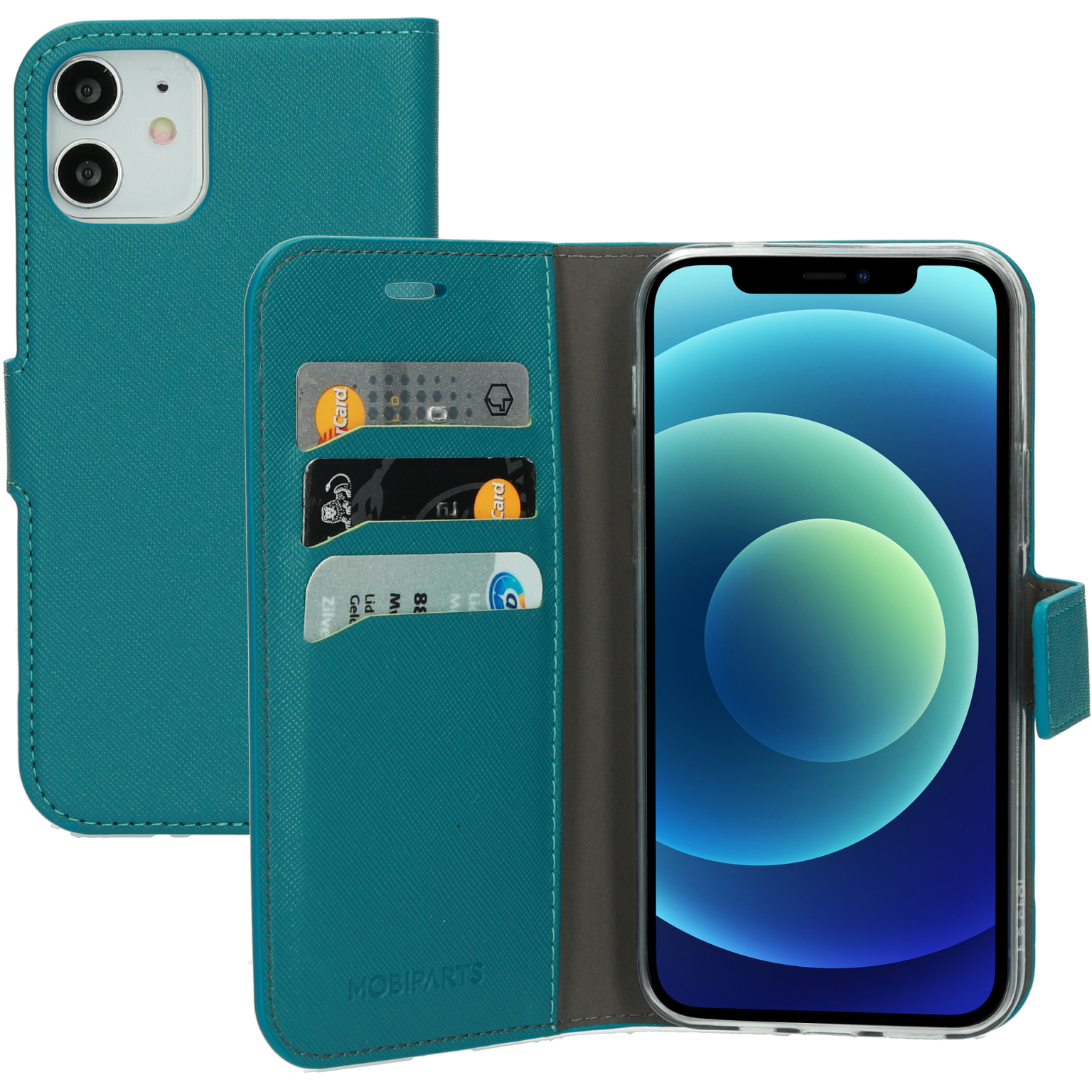 Teal phone case with a phone inside and card slots, showing cards.
