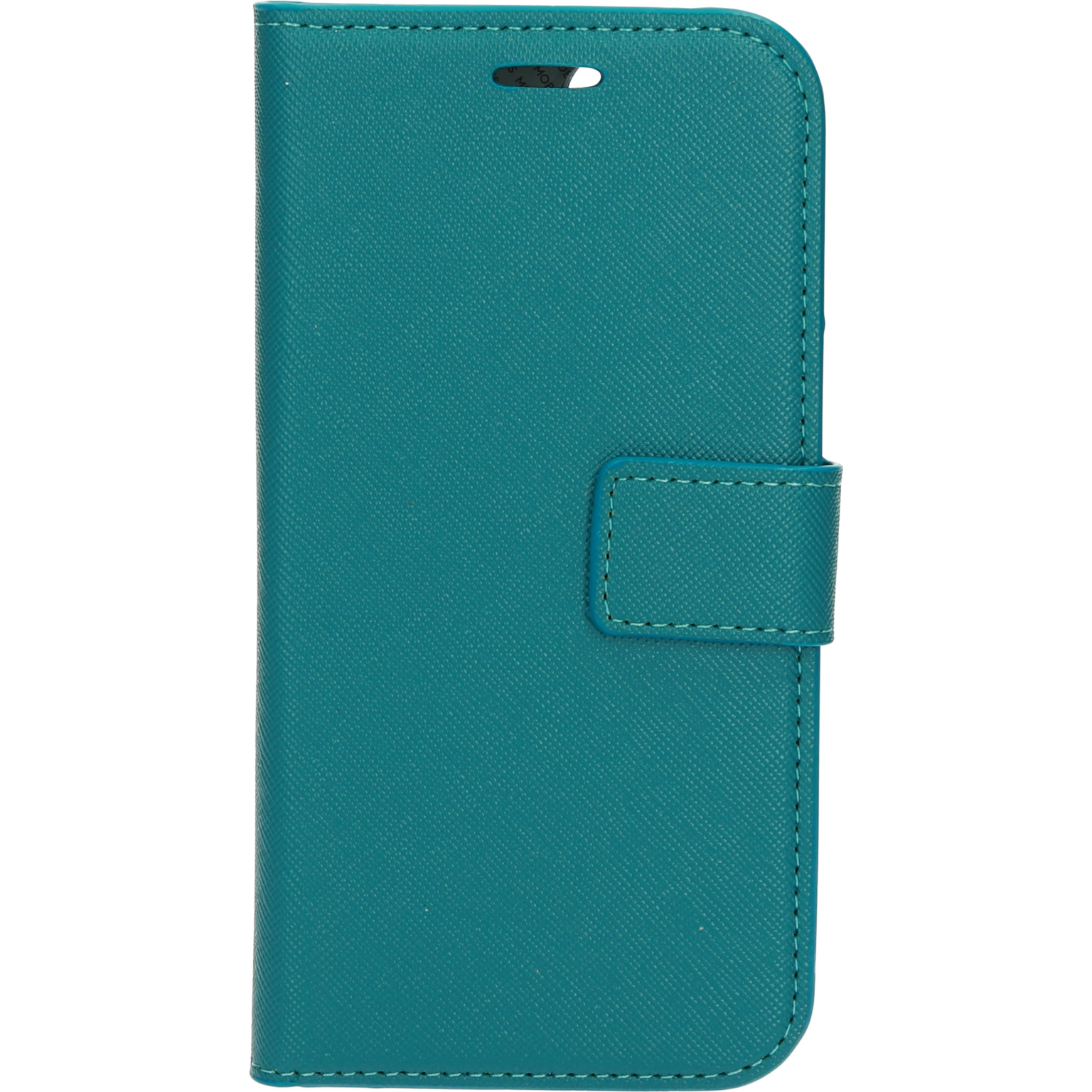 Teal phone case closed, showing the front with a textured surface.