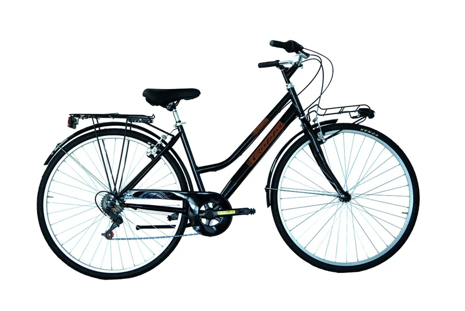 Bicicletta nera con cestino e sella nera, su sfondo bianco.