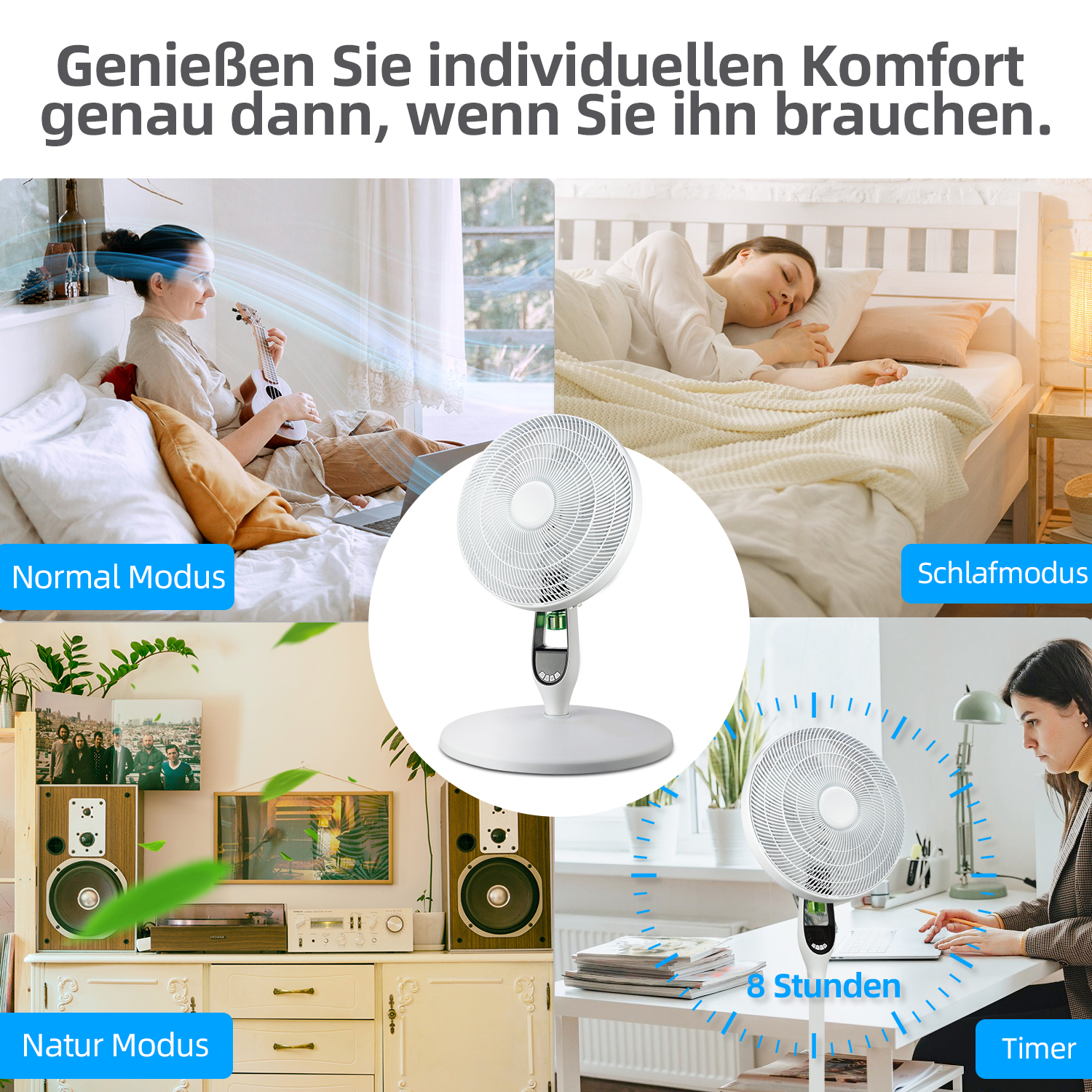 Ventilatore in diverse modalità: normale, riposo e naturale.