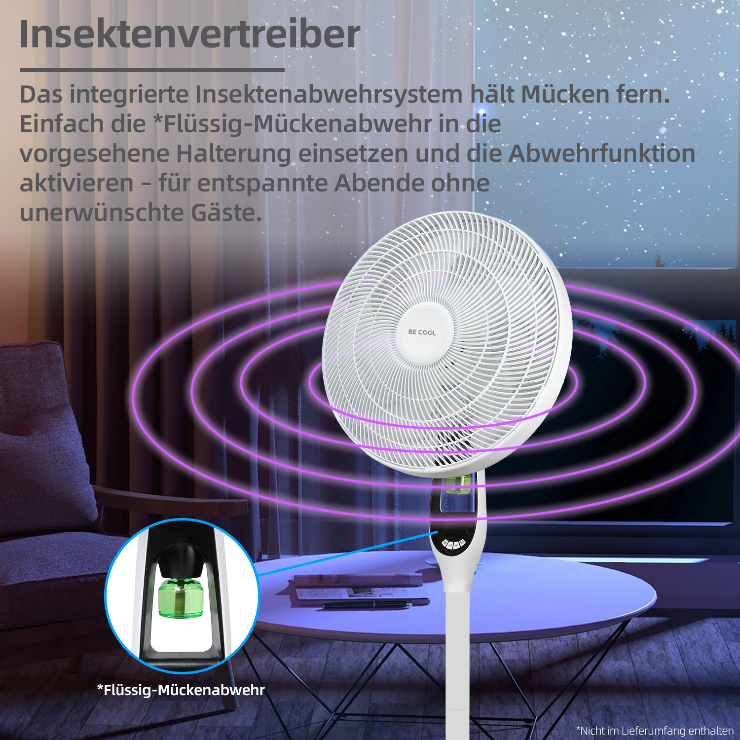 Un ventilatore bianco con testo tedesco, che mostra una luce viola e un componente repellente per insetti.