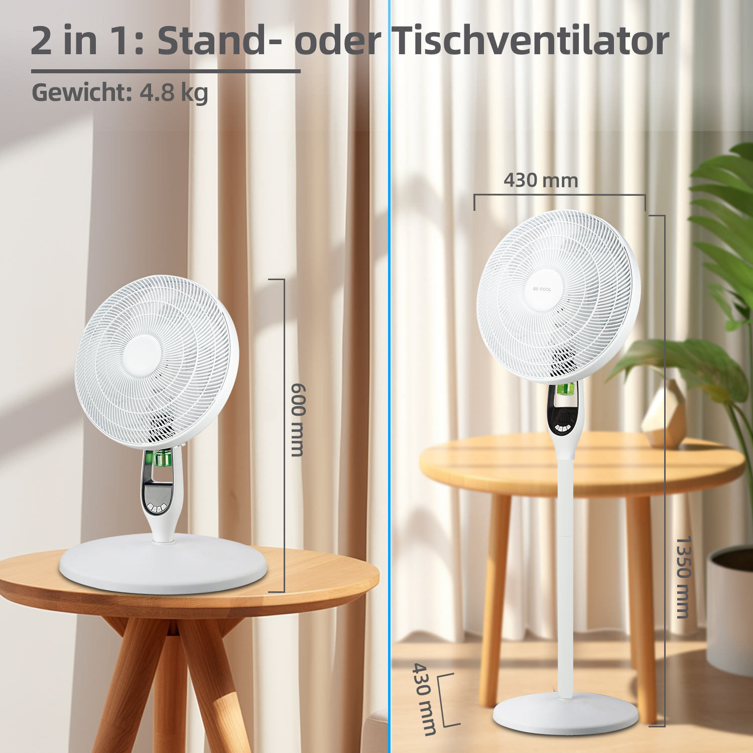 Due ventilatori, uno da tavolo, uno a colonna. Entrambi sono bianchi, con dimensioni etichettate.