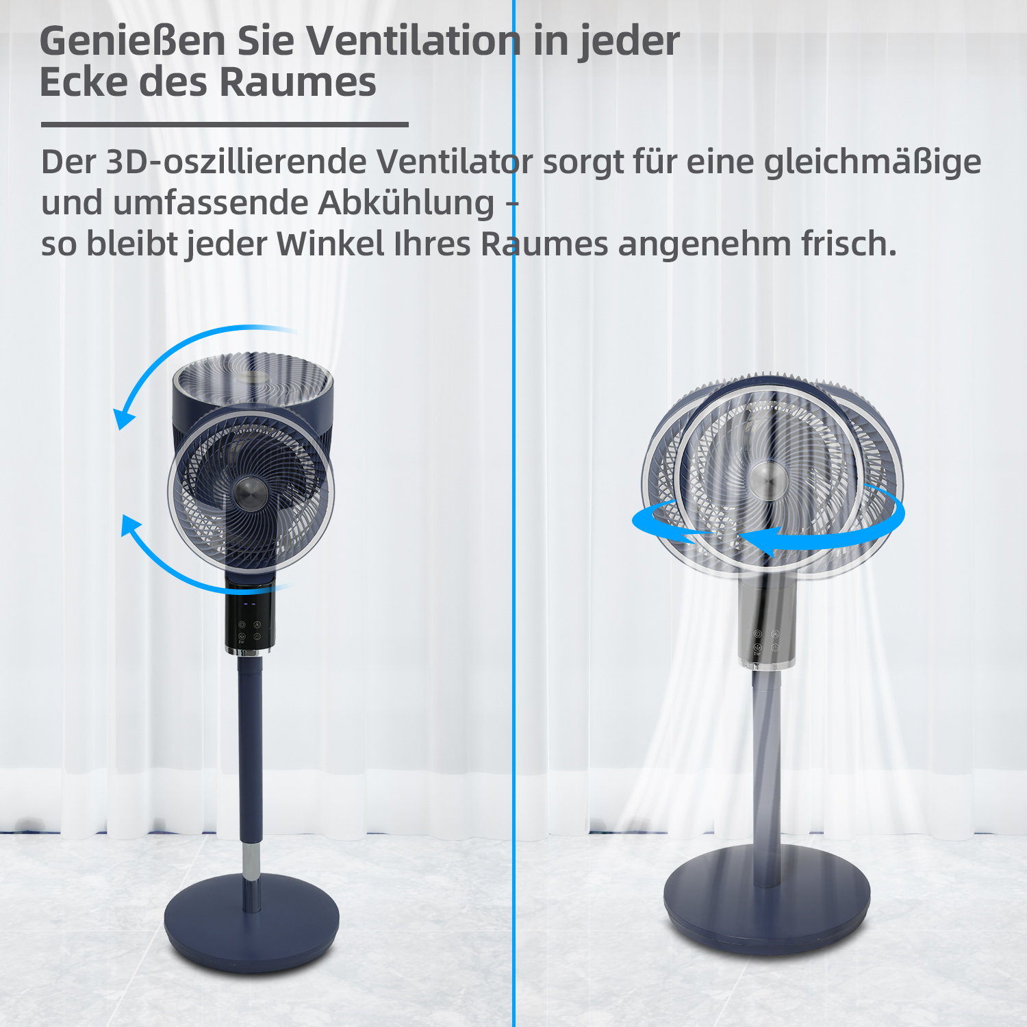 Zwei Ventilatoren, die Luft in entgegengesetzte Richtungen blasen, mit deutschem Text zur Belüftung.