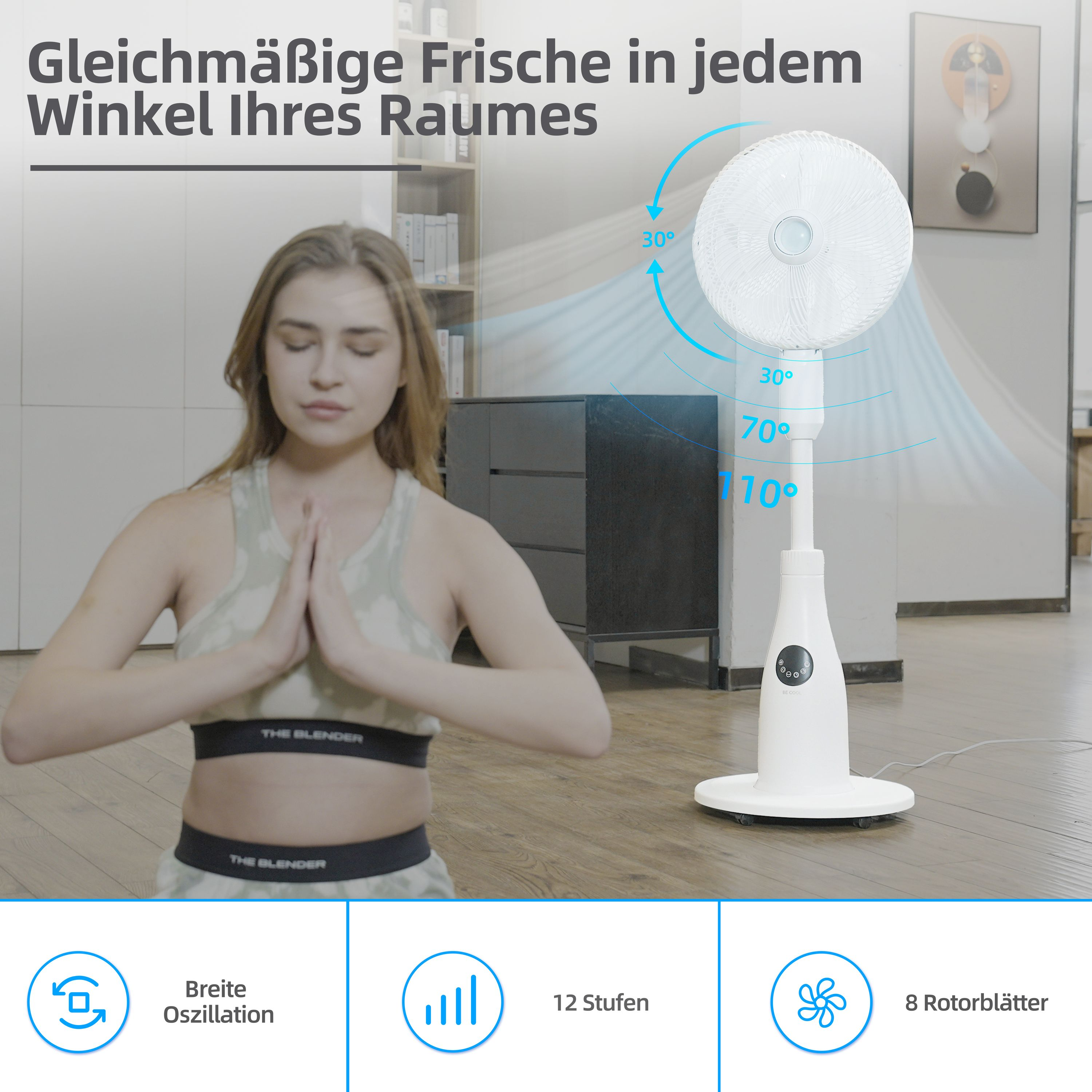 Frau in Yoga-Pose in der Nähe eines weißen Ventilators, zeigt die Funktionen.