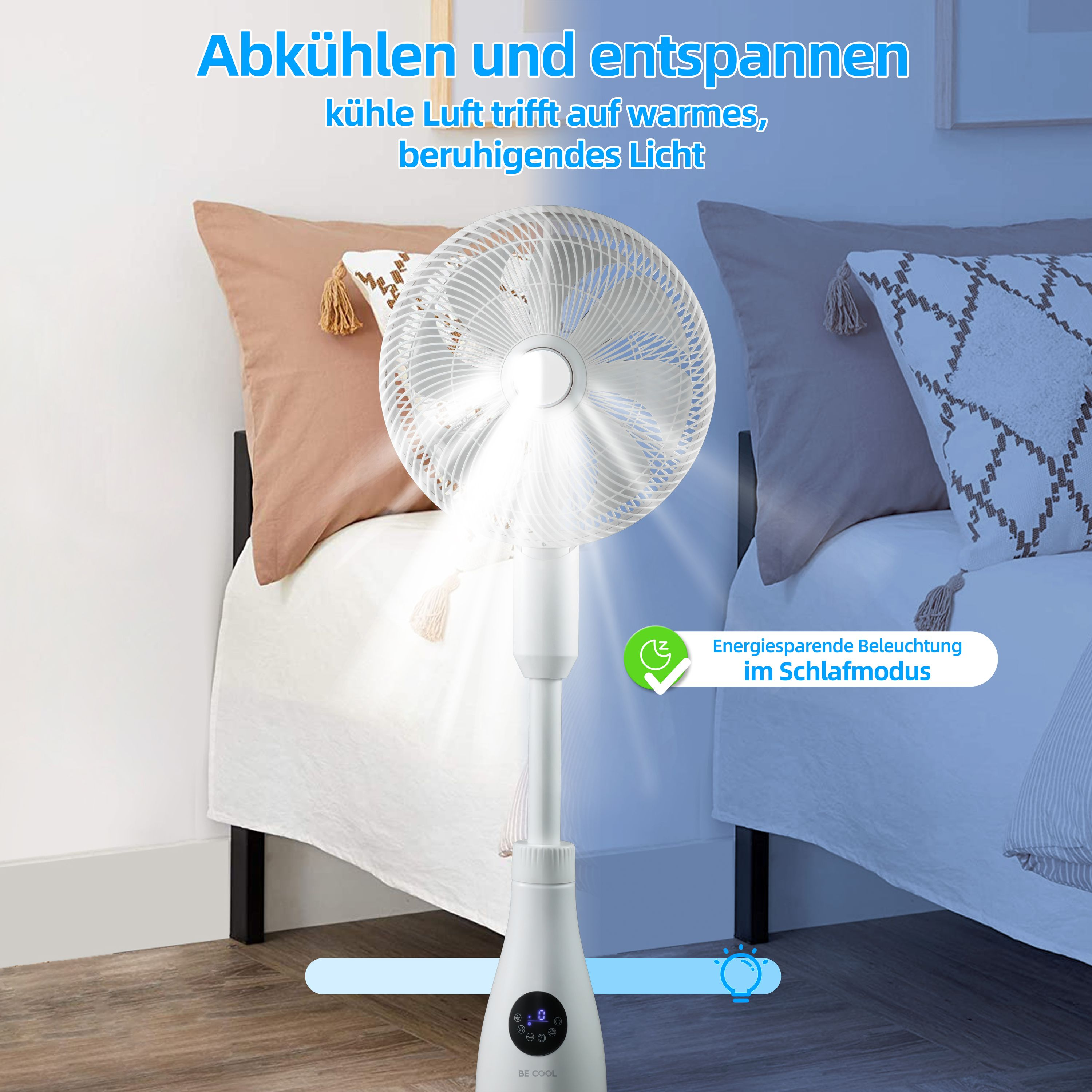 Ein weißer Ventilator, der Luft in einem Schlafzimmer bläst, mit Bett und Kissen. Blaues Licht ist sichtbar.