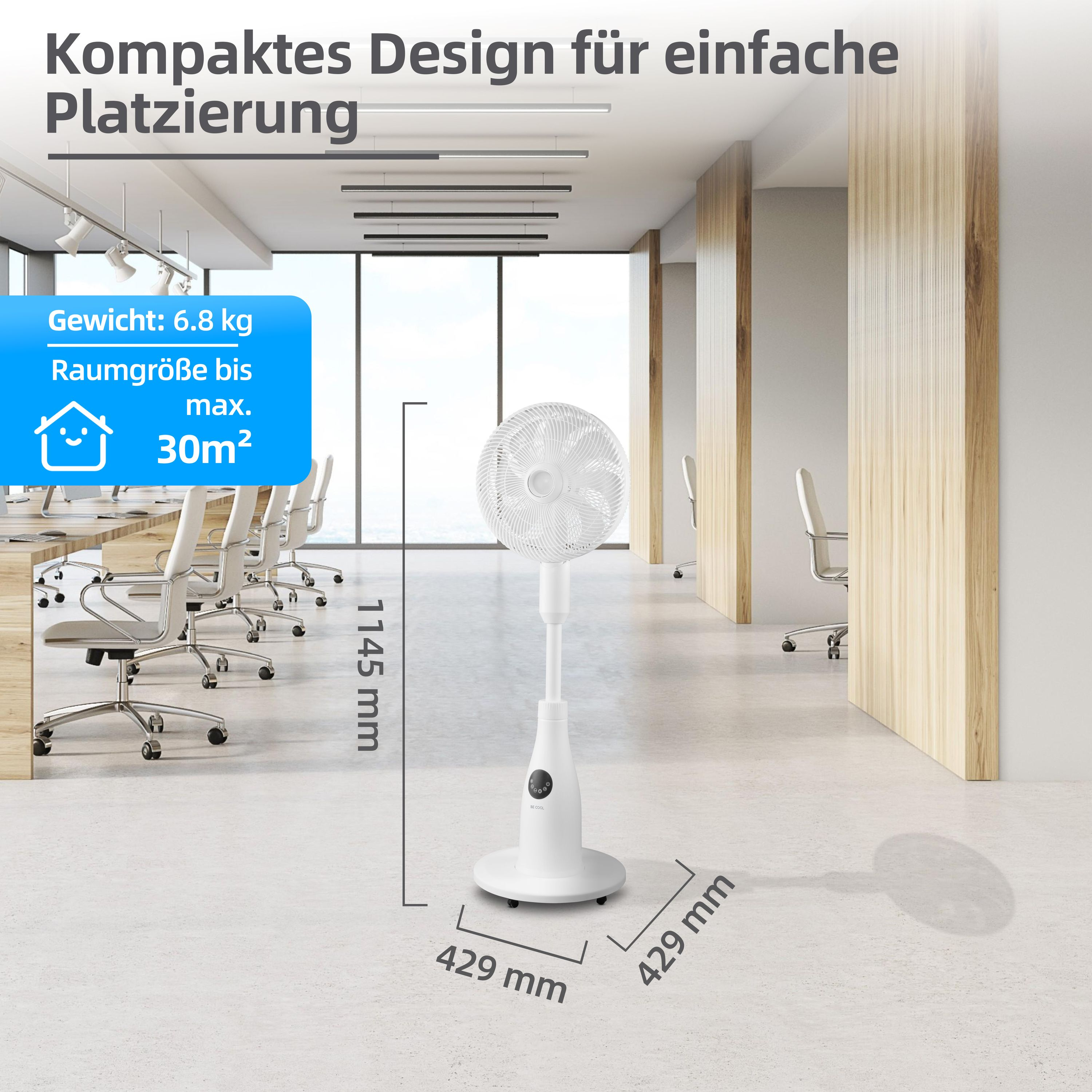 Weißer Ventilator in einem Raum mit angegebenen Abmessungen und Raumgröße.