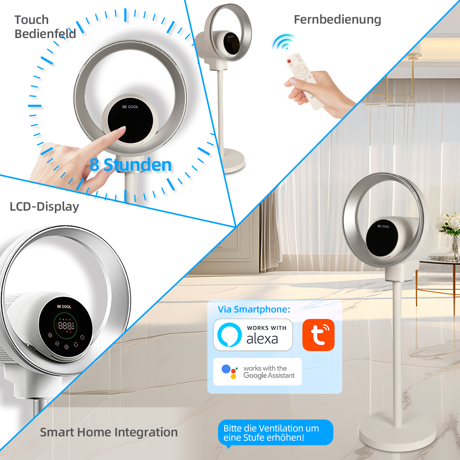 Ein weißer Ventilator mit Digitalanzeige und Fernbedienung. Eine Hand berührt das Touchpanel des Ventilators. Smart Home.