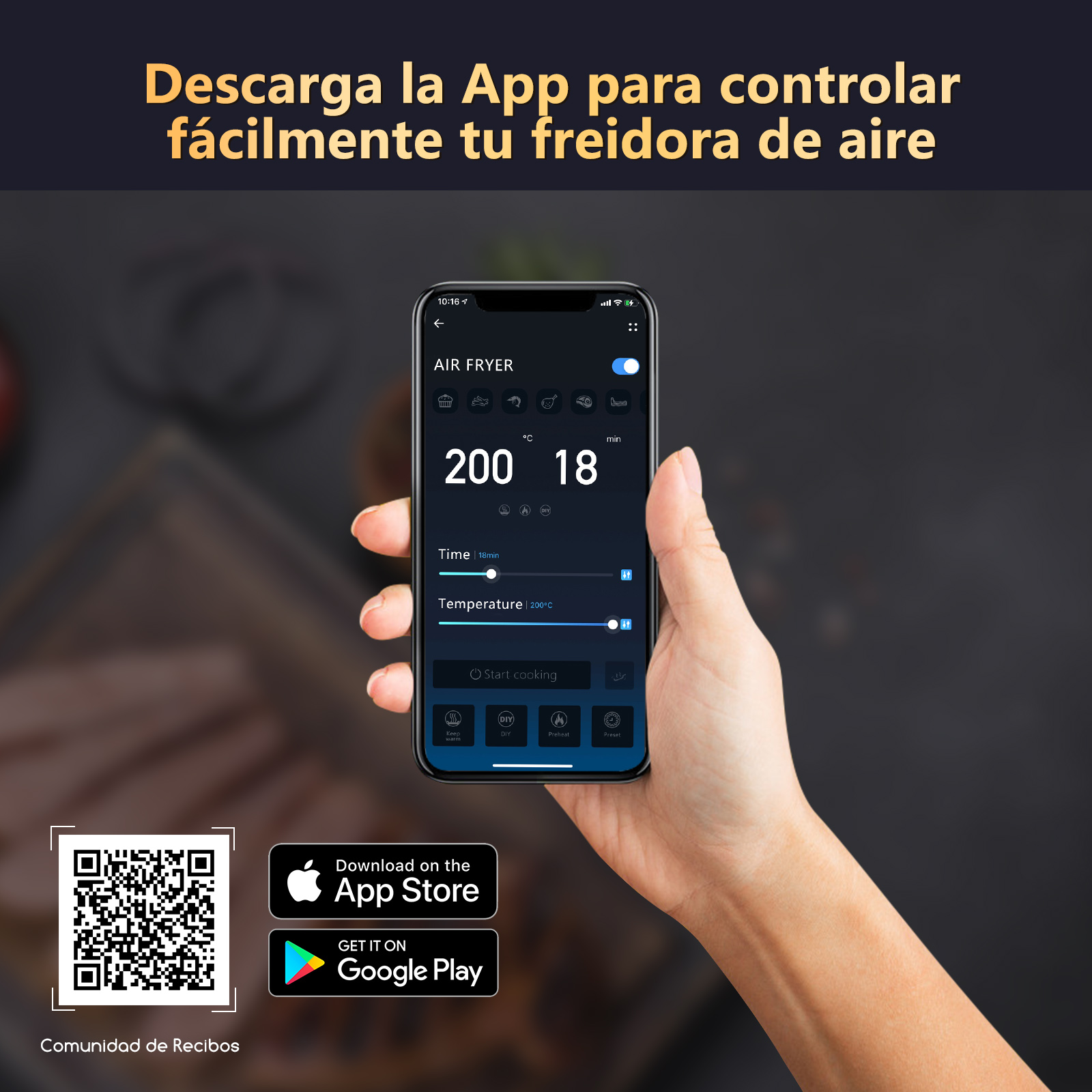 Un teléfono inteligente muestra la interfaz de una aplicación de freidora de aire, con ajustes de temperatura y temporizador.