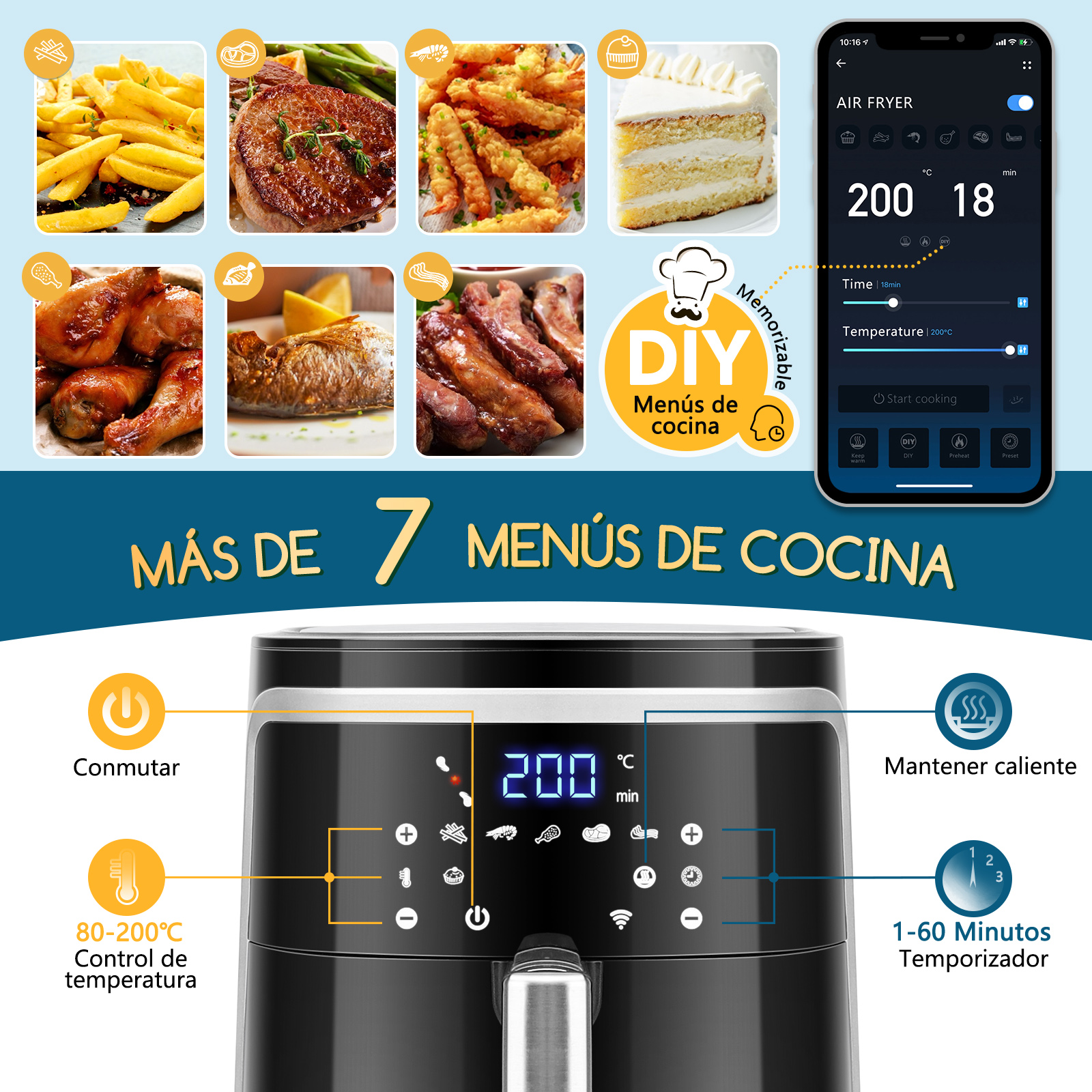Una freidora de aire con pantalla y múltiples opciones de cocción, más un teléfono inteligente mostrando la interfaz de la app.