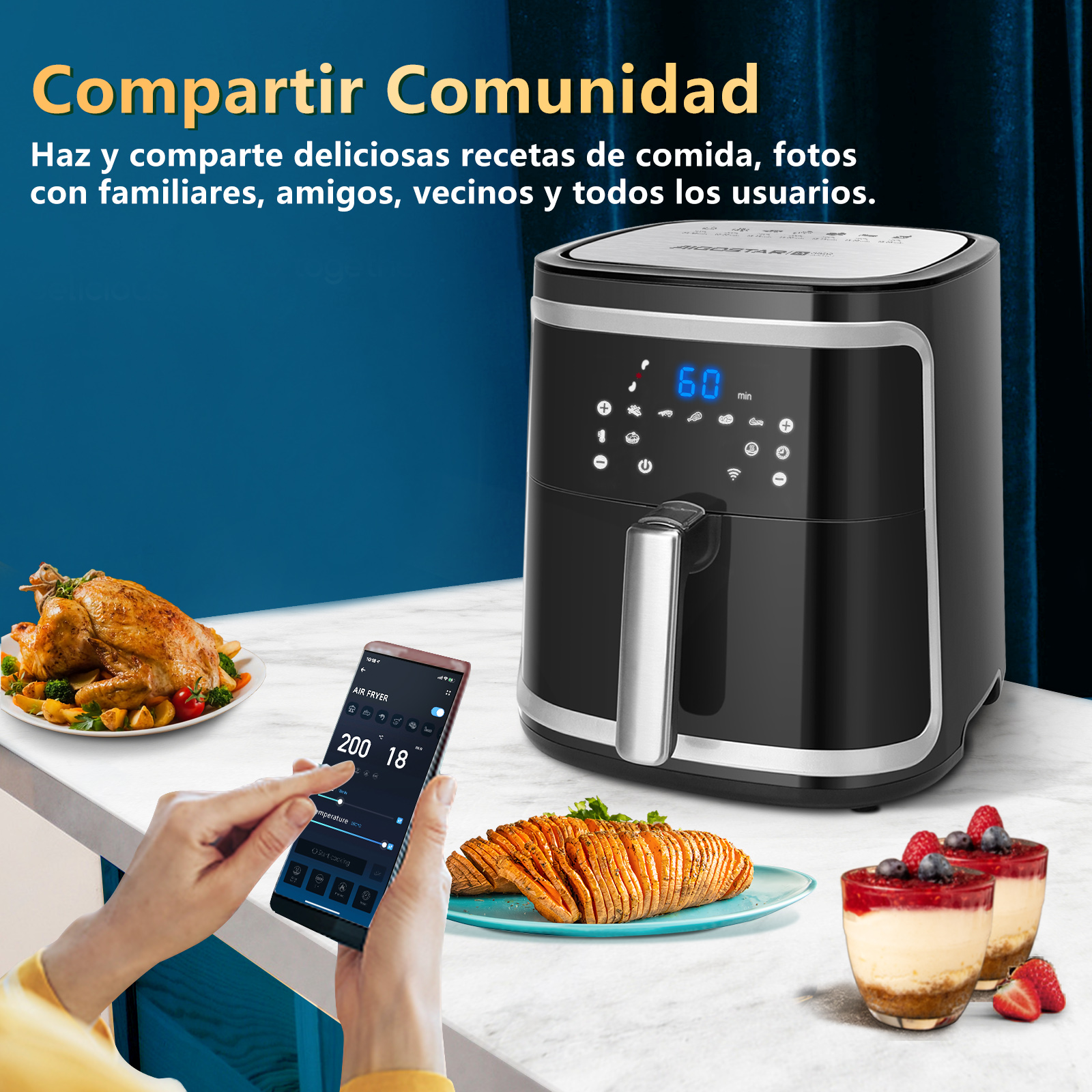 Una freidora de aire negra con pantalla digital y comida. Una persona usa un teléfono para controlar la freidora. Platos exhibidos.