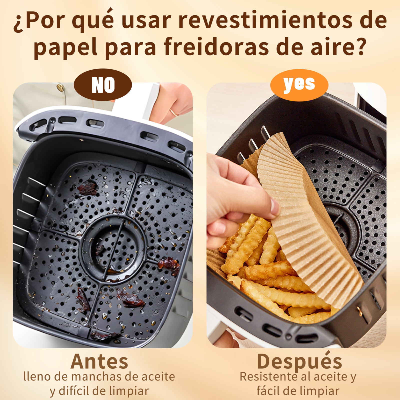 Cesta de freidora de aire antes y después de usar forros de papel, mostrando resultados más limpios después de cocinar.