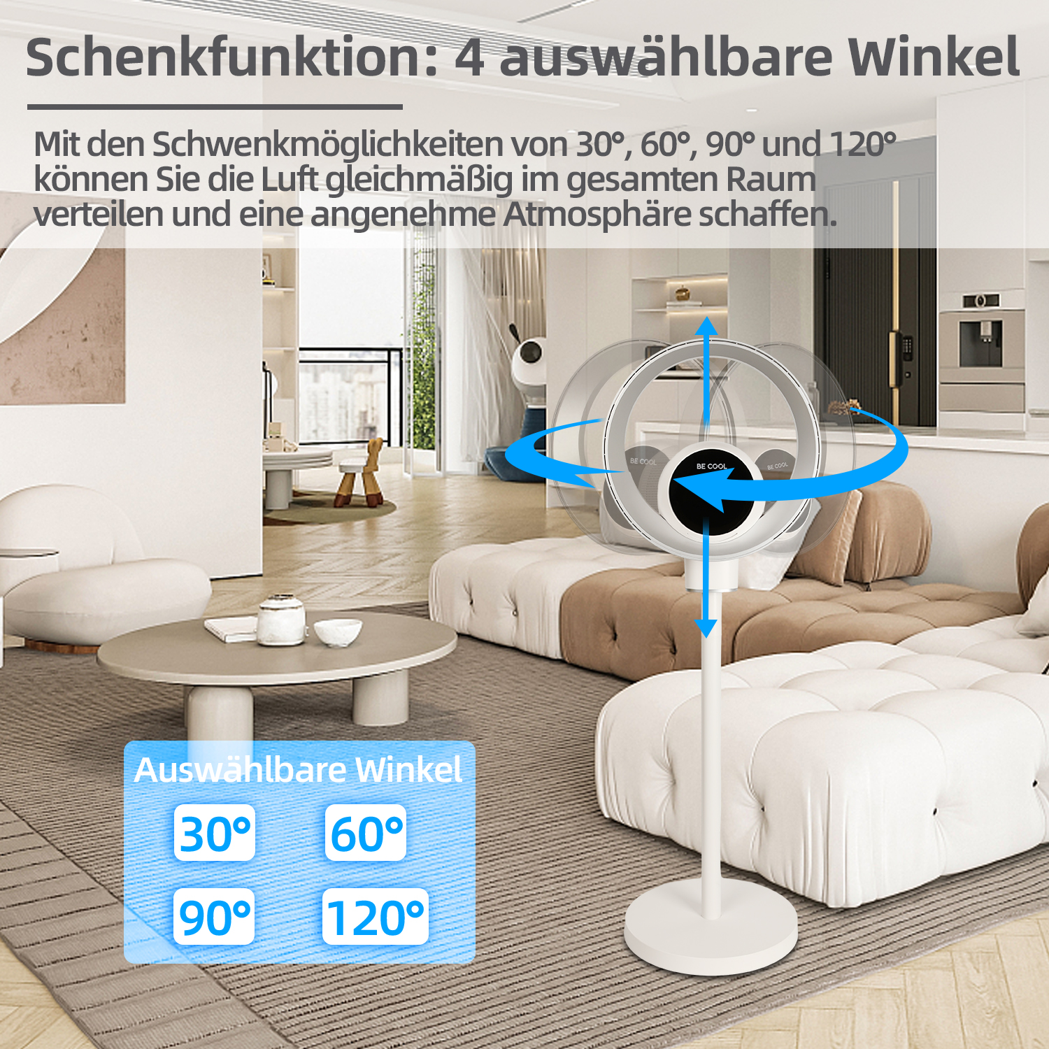 Ein weißer Ventilator mit wählbaren Winkeln: 30, 60, 90 und 120 Grad. In einem Wohnzimmer mit Sofa und Tisch.