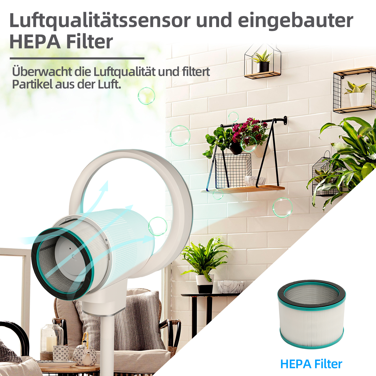 Ein weißer Ventilator mit HEPA-Filter. Das Bild zeigt den Filter und die Luftzirkulation im Ventilator.