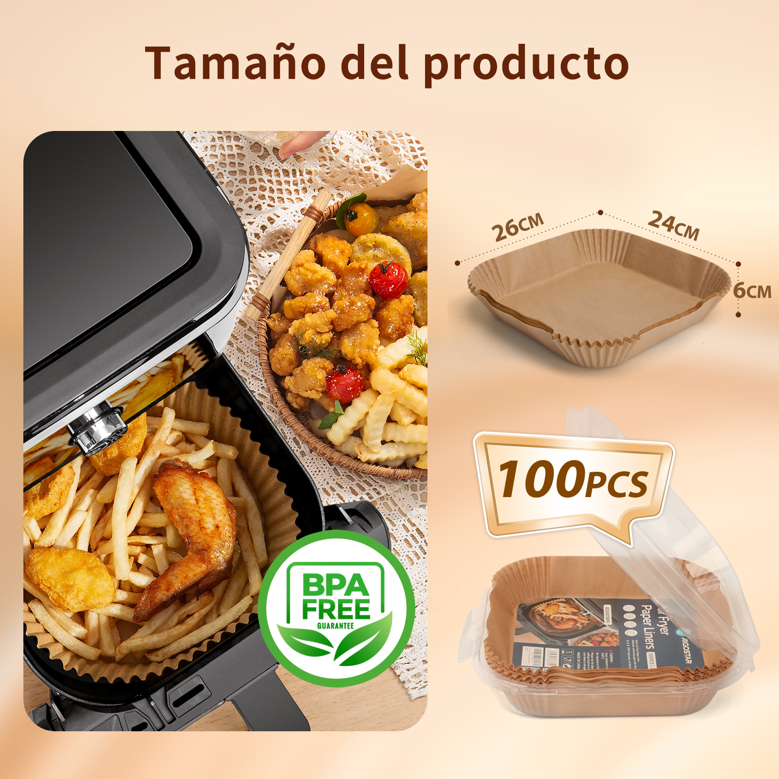 Una freidora de aire con comida cocinada y revestimientos de papel. Se muestran revestimientos de papel marrón con dimensiones y cantidad.