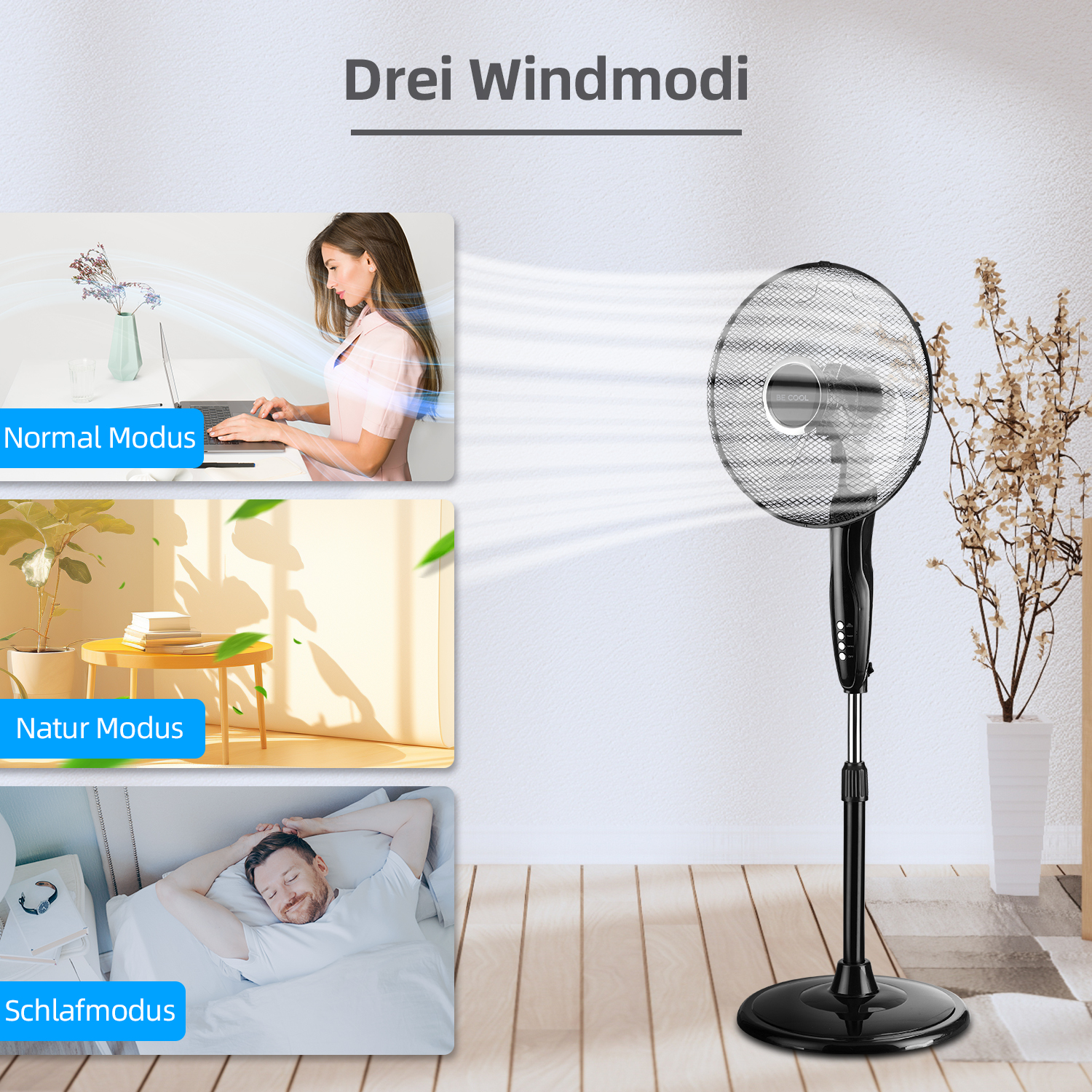 Ein schwarzer Ventilator mit drei Modi wird angezeigt. Darunter Szenen, die Normal-, Natur- und Schlafmodi darstellen.