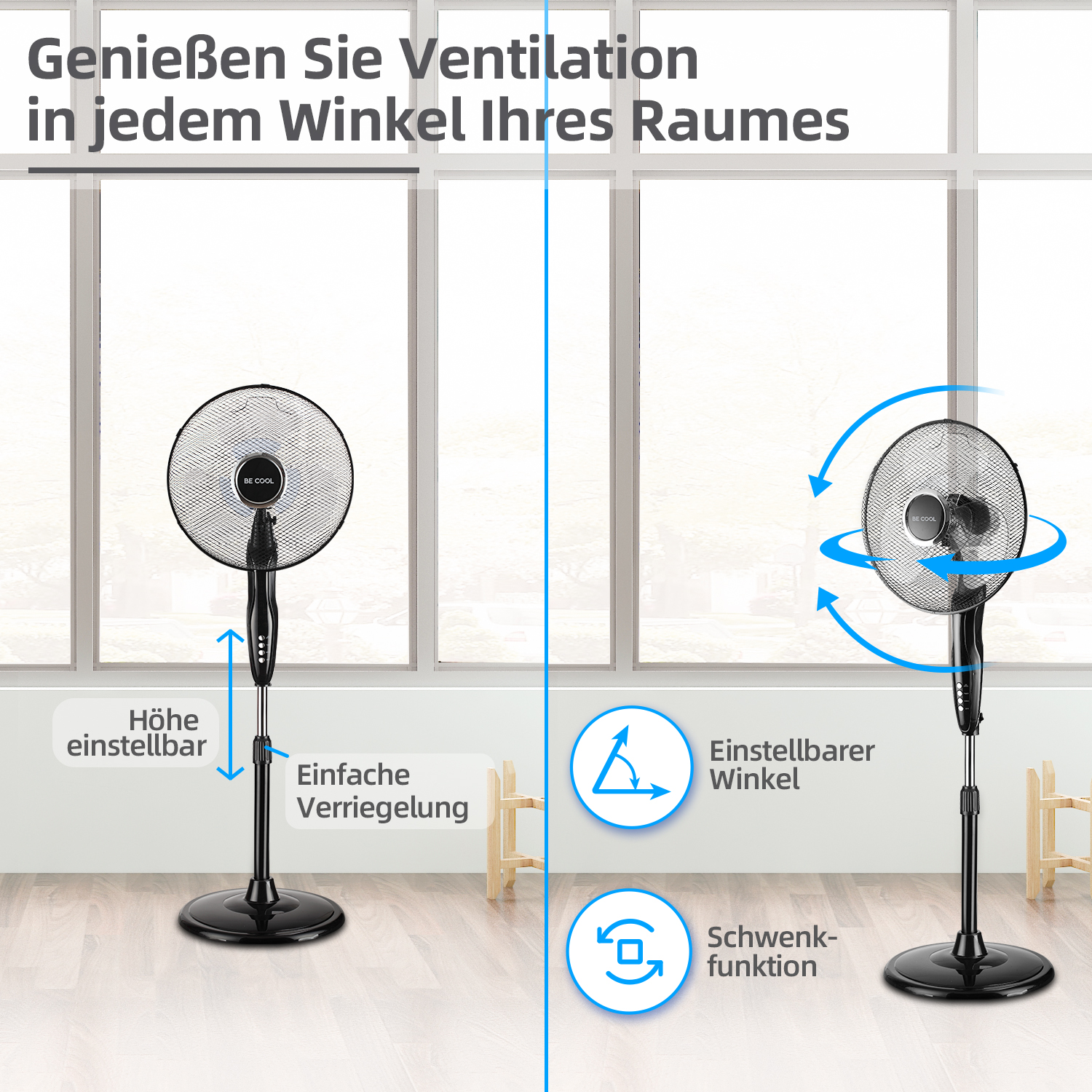Zwei schwarze Ventilatoren mit einstellbarer Höhe und Winkel vor einem Fenster. Text: Genießen Sie Belüftung in jedem Winkel Ihres Zimmers.