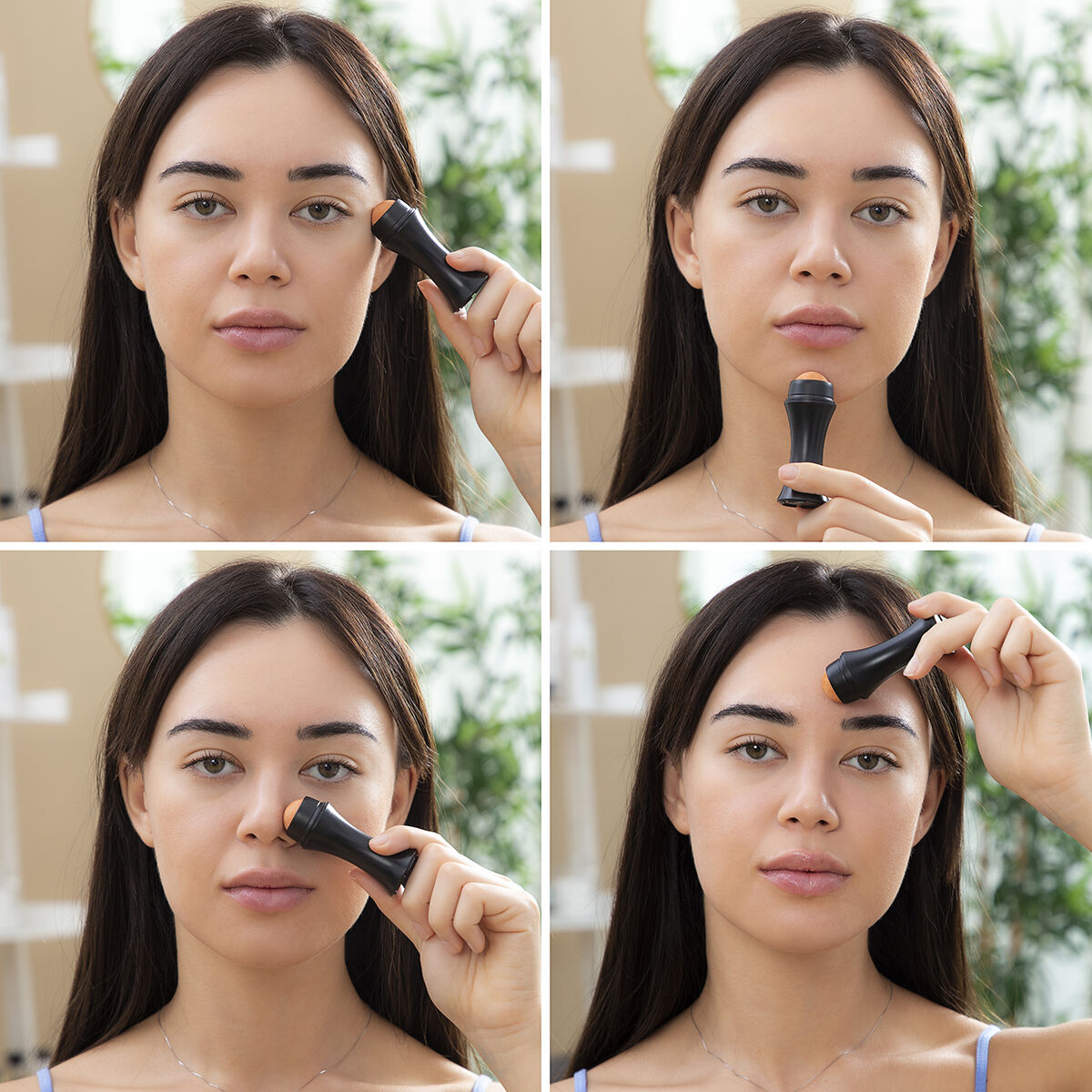 Donna che applica il trucco con un rullo nero. Quattro immagini mostrano il processo.