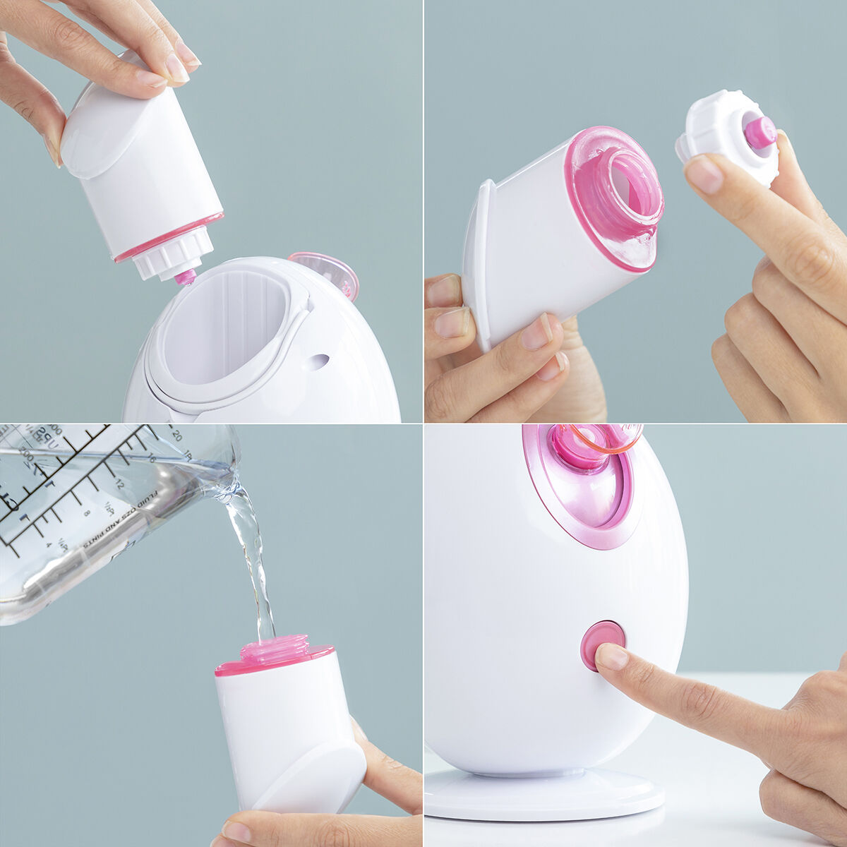 Quattro immagini che mostrano l'assemblaggio di un vaporizzatore facciale. Sono visibili componenti bianchi e rosa.