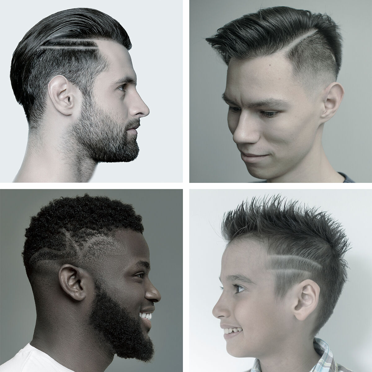 Vier Männer mit unterschiedlichen Frisuren werden im Profil gezeigt. Jeder hat einen einzigartigen Stil.