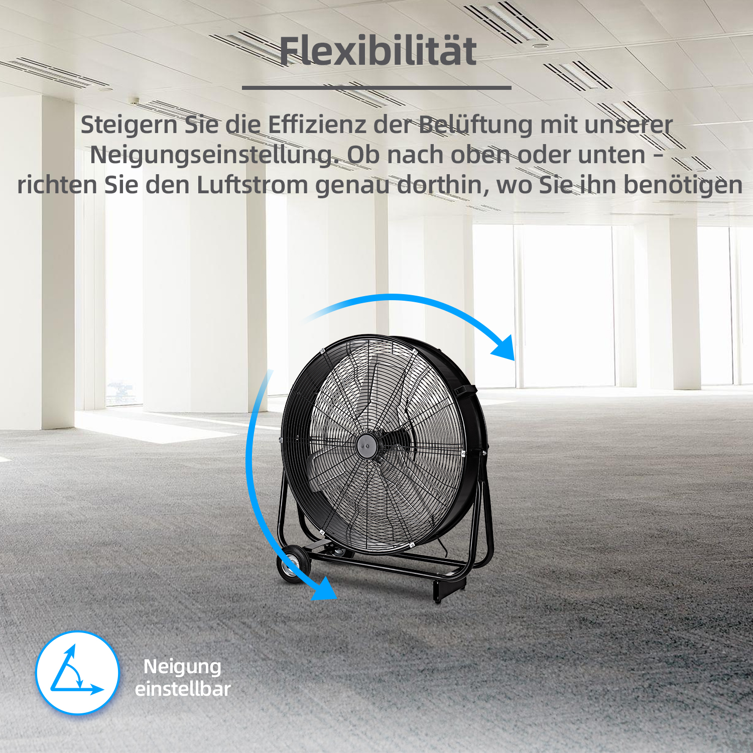 Schwarzer Industrieventilator mit einstellbarer Neigung, drinnen. Räder und glatter Boden.
