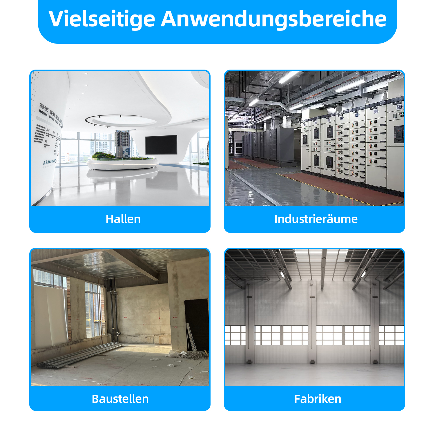 Vier Bilder zeigen verschiedene Orte: Halle, Industrieräume, Baustellen und Fabriken.