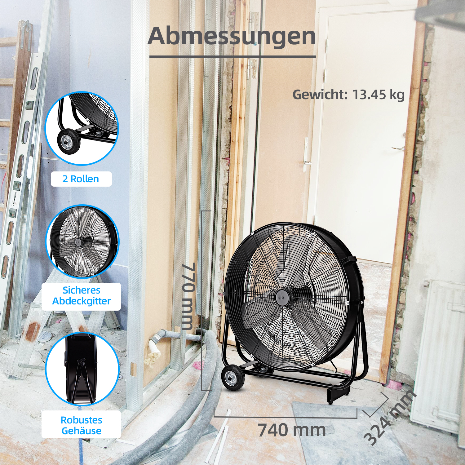 Schwarzer Industrieventilator im Baubereich. Maße und Merkmale wie Räder und Käfig gezeigt.