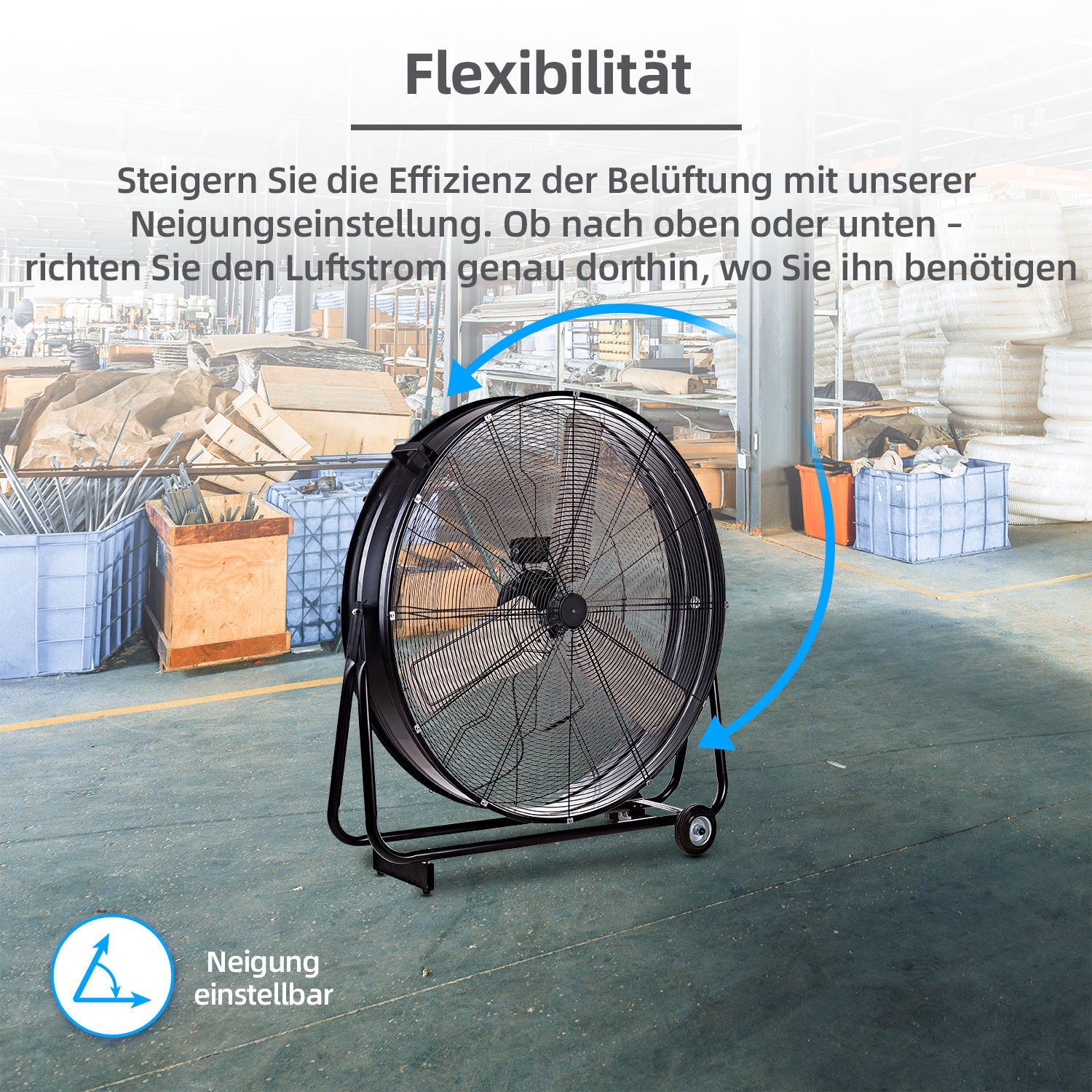 Schwarzer Industrieventilator mit einstellbarer Neigung. Der Hintergrund umfasst Kisten und Industrieelemente.