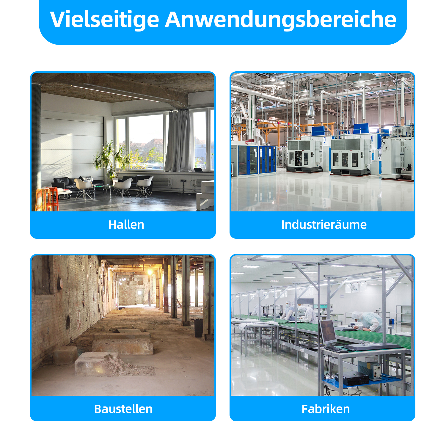 Vier Bilder zeigen verschiedene Anwendungen des Produkts: Hallen, Industrieräume, Bau und Fabriken.