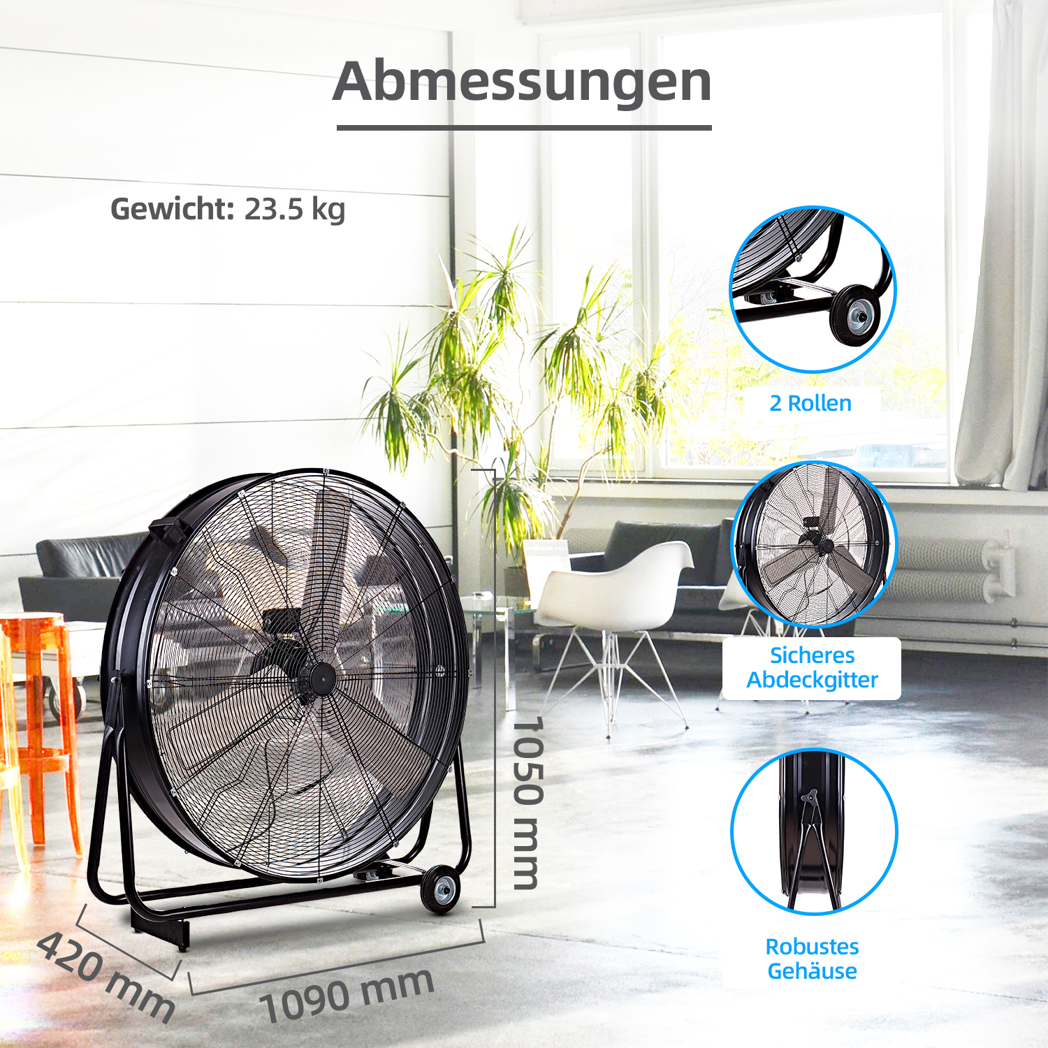 Großer schwarzer Industrieventilator mit Maß- und Gewichtsangaben. Der Hintergrund ist ein modernes Wohnzimmer.